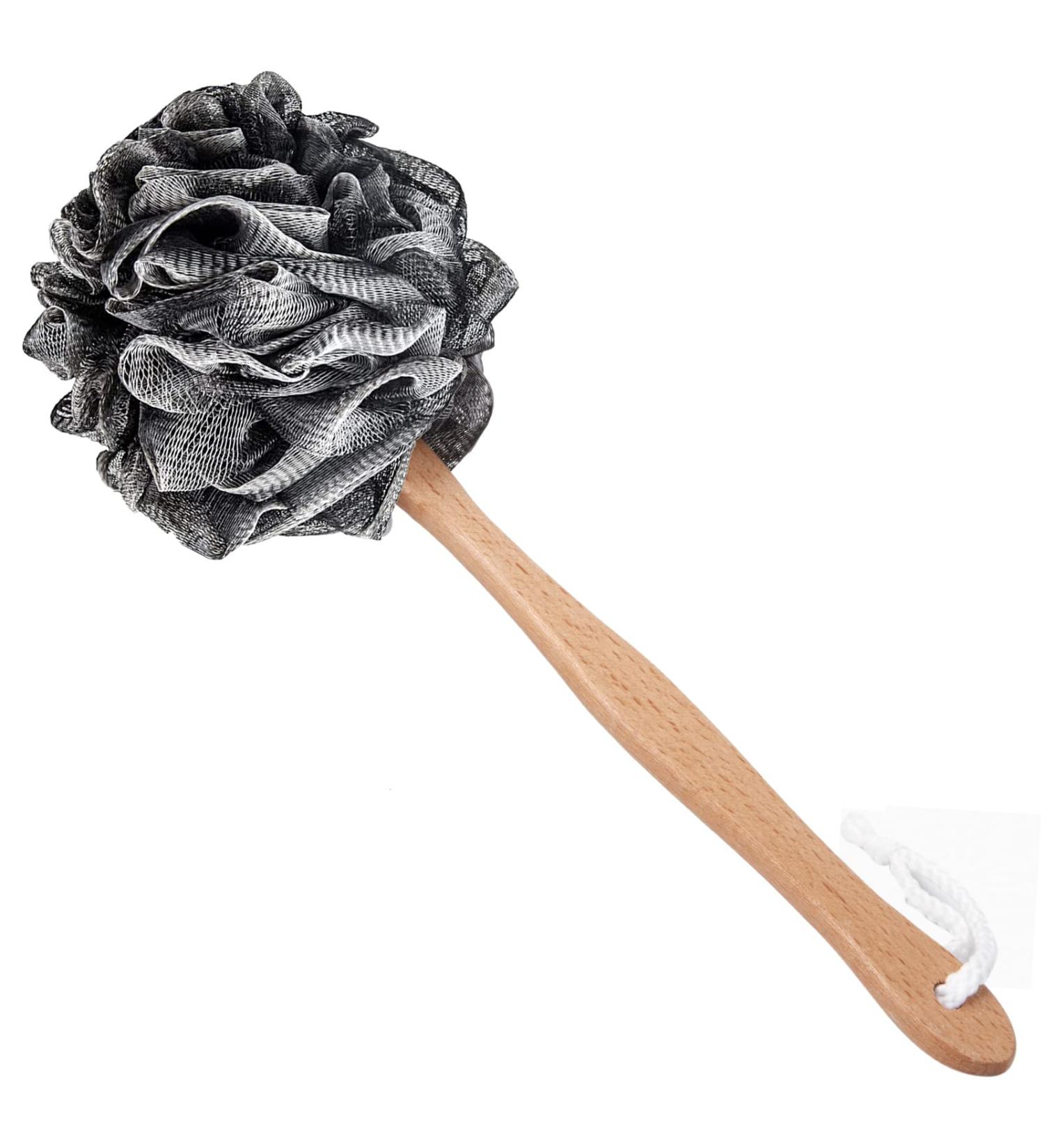 Arswin Shower Sponge Loofah Back Scrubber with Wooden Handle - PE Soft Mesh Body Scrubber for Women & Kids - Black - Buy Online on GoSupps.com