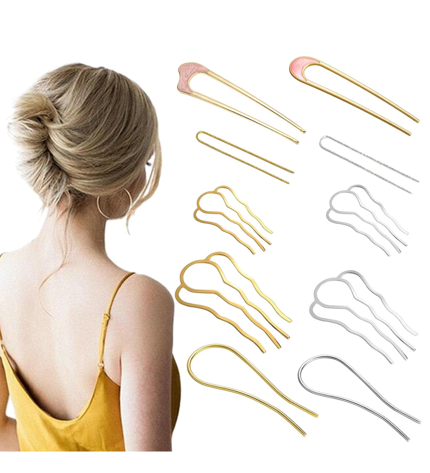 Qiuming 10-Piece Metal Hair Fork Clip Set - Stylish U-Form Comb for Women & Girls - Silver & Gold Hair Accessories - Buy Online on GoSupps.com
