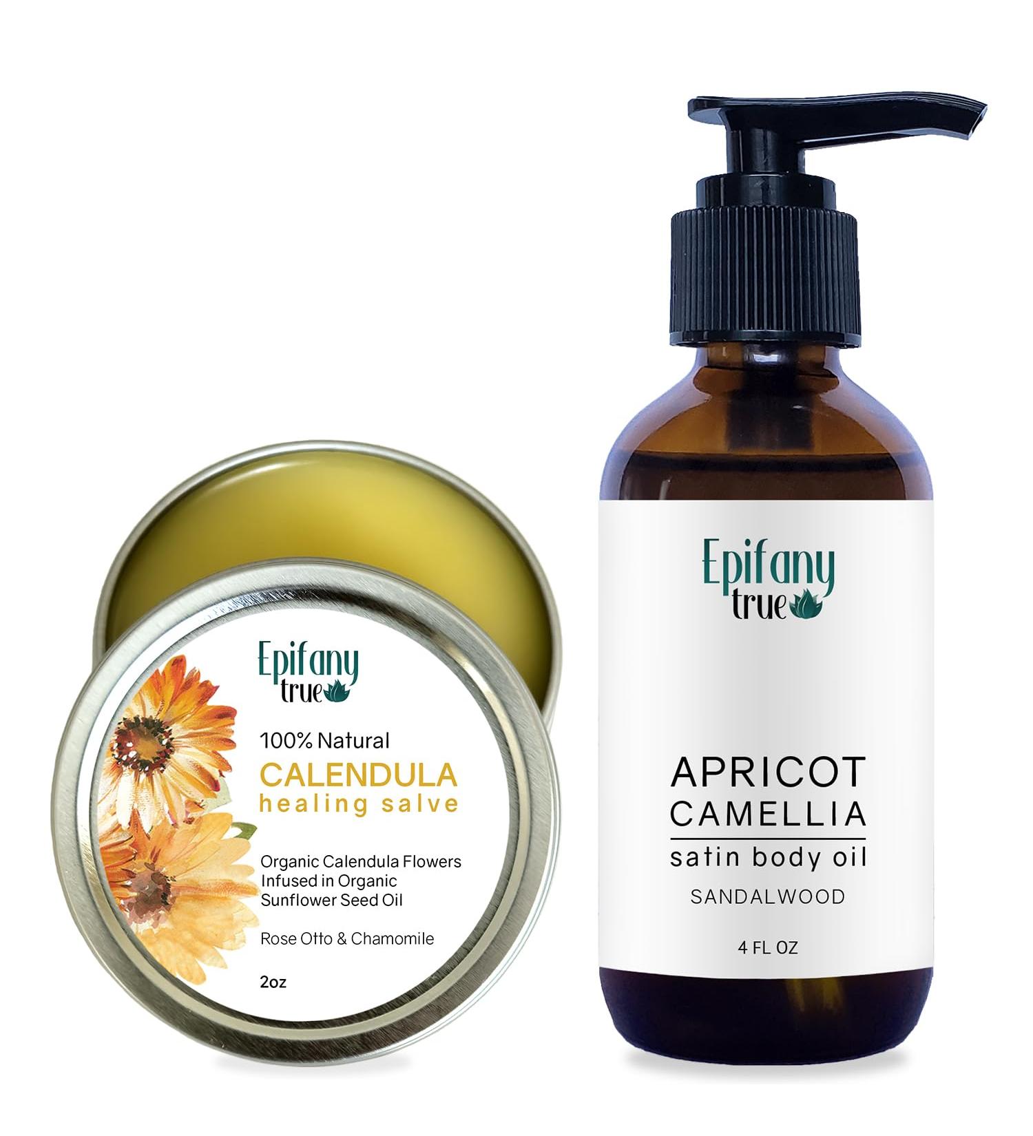 Epifany Calendula Salve 2oz & Apricot Camellia Satin Body Oil 4oz Bundle | Dry Skin Soothing Balm & Bug Itch Relief | Vitamin-E Rich Antioxidants for Skin Elasticity - Buy Online on GoSupps.com