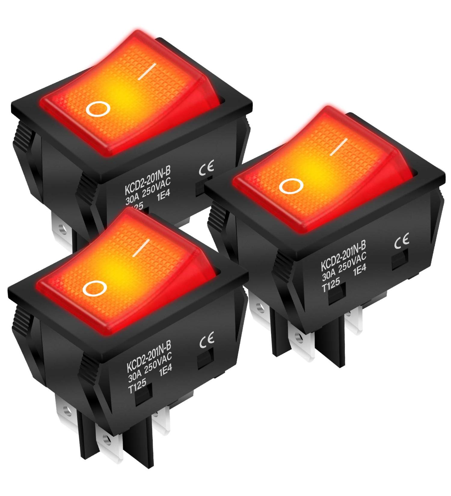 DaierTek 30A 250V KCD2 KCD4 Rocker Switch DPST 4 Pin Red Lighted 120V Rocker Toggle Switch ON Off Heavy Duty T125-3Pack 125V - Buy Online on GoSupps.com