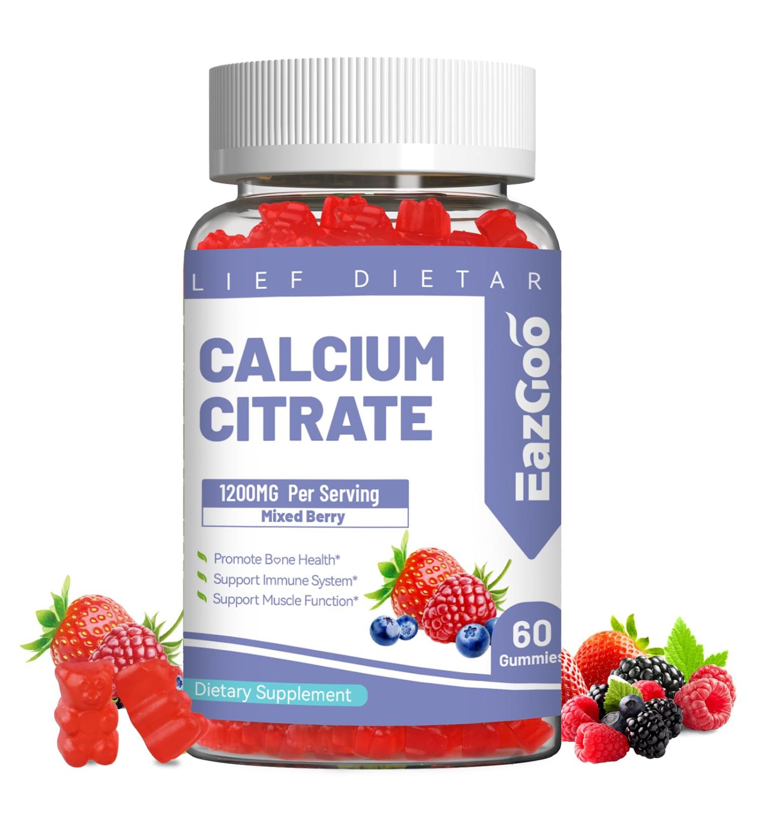Calcium Citrate Gummies Chewable 1200mg Calcium Gummies for Women & Men Calcium Supplement for Muscle & Immune Support High Absorption Sugar Free Mixed Berry Flavor 60 Count - Buy Online on GoSupps.com