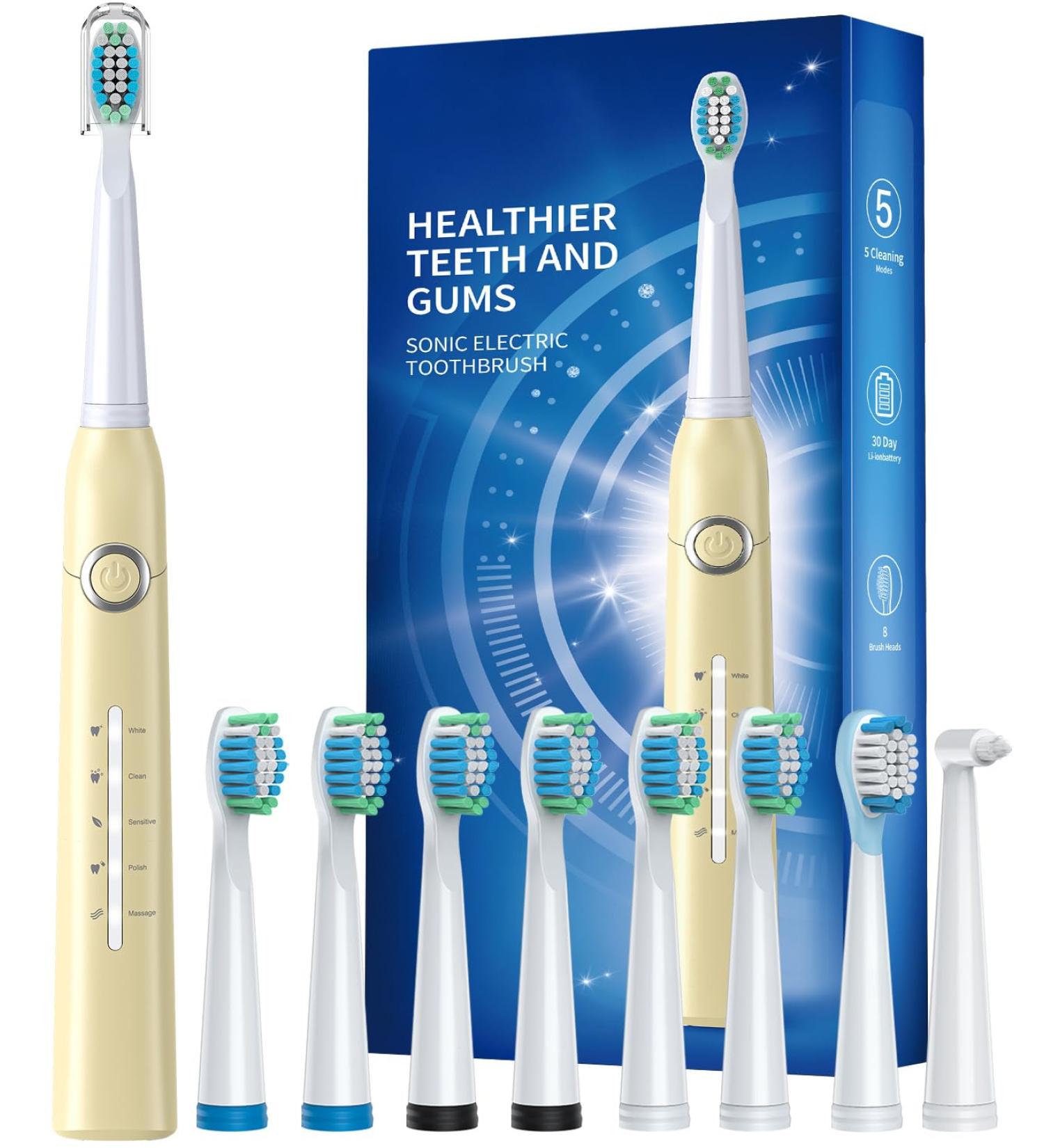 Electric Toothbrush for Adults with 8 Brush Heads - Sonic 40000 VPM Deep Clean 5 Modes Rechargeable Fast Charge Lasts 30 Days - Yellow - Buy Online on GoSupps.com