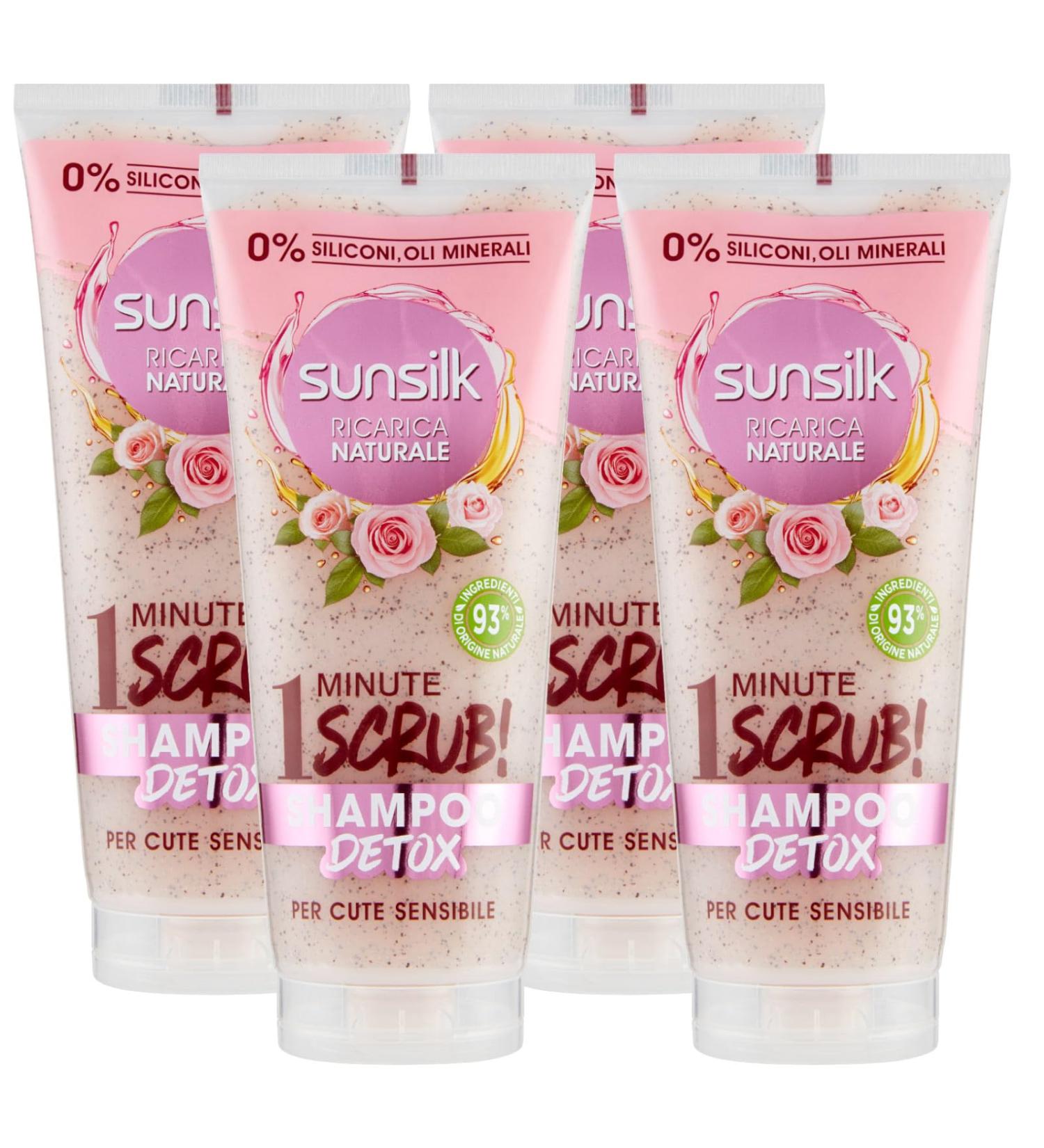 Sunsilk Sunsilk Detox Scrub Shampoo Natural Recharge for Sensitive Hair and Skin with Rose Extracts Naturally Derived Ingredients Silicone-Free 4 x 200ml Bottles