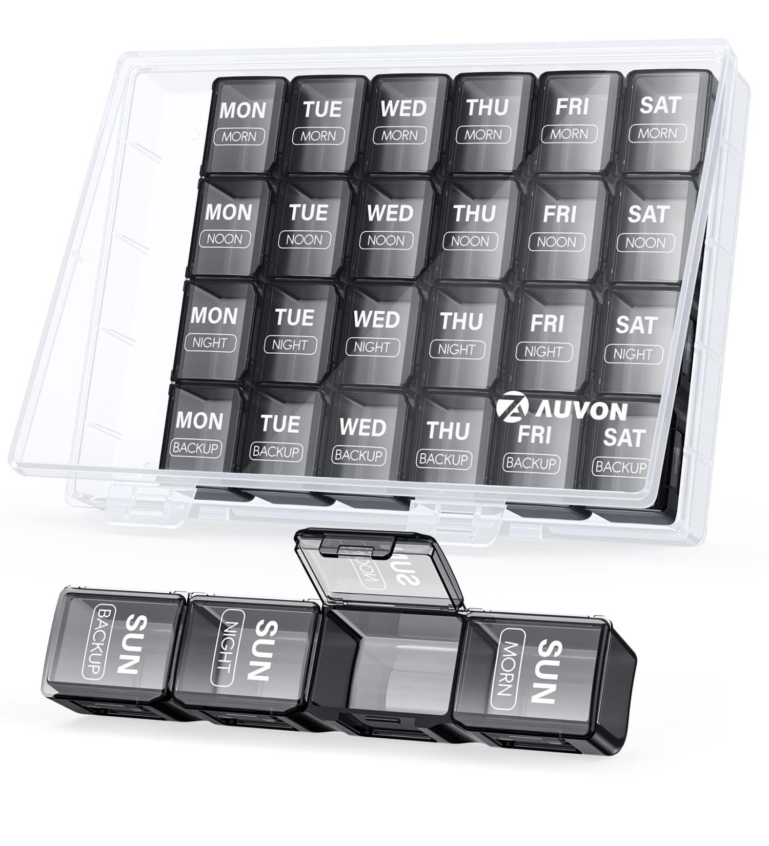 Large Weekly Pill Organizer - 4 Times a Day, 7 Day Pill Box - 28 Compartments - Ideal for Fish Oils, Vitamins, Supplements - Black - Buy Online on GoSupps.com