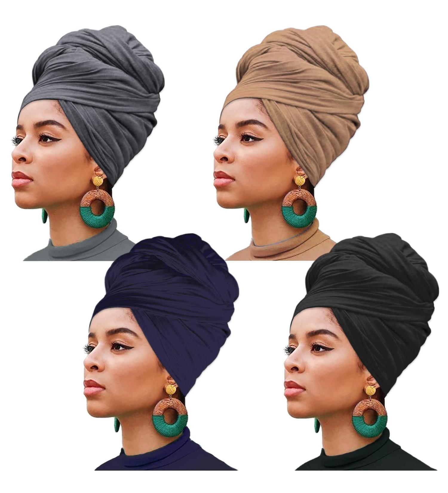 XTREND 4-Piece Turbans for Women - Stretch Jersey Headwraps in Solid Colors - Breathable & Ultra Soft Knit Turban Tie (Black, Dark Blue, Camel, Dark Grey) - Buy Online on GoSupps.com