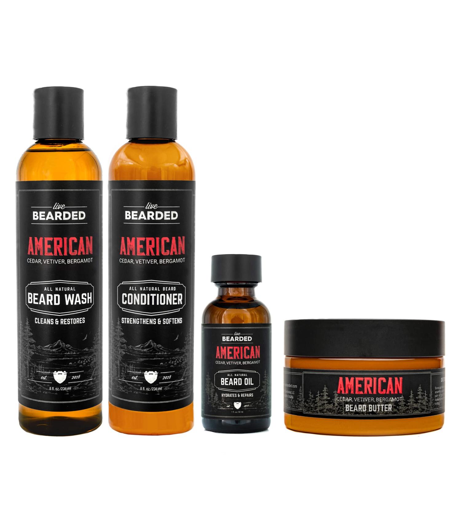 Live Bearded Complete Beard Grooming Kit | All-Natural USA-Made Products | Beard Wash Conditioner Butter & Oil Set in American Cedar Pine Vetiver Bergamot - Buy Online on GoSupps.com