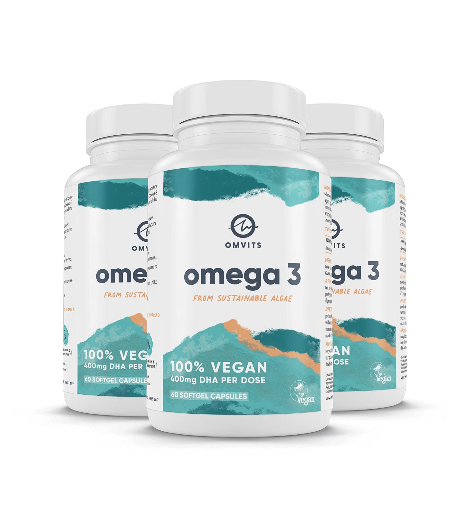 Omvits Vegan Omega 3 DHA Algae Oil Capsules 1000mg - 180 Softgels with Vitamin E | Sustainable Algal Alternative to Fish Oil | Vegetarian Essential Fatty Acids for Heart, Brain & Eyes - Buy Online on GoSupps.com