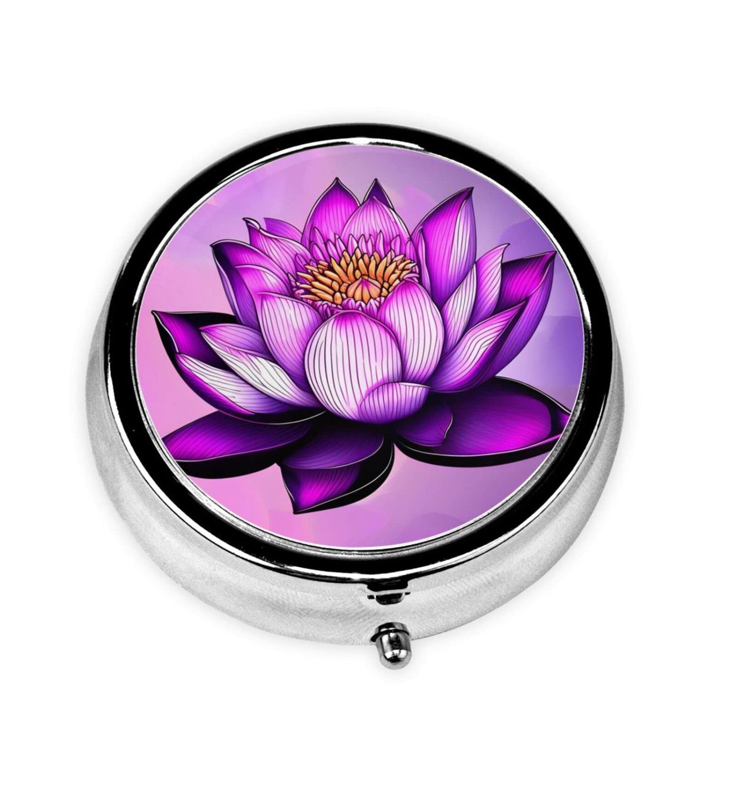 Purple Lotus Round Pill Box - 3 Compartment Portable Organizer for Travel | International Shipping Available - Buy Online on GoSupps.com