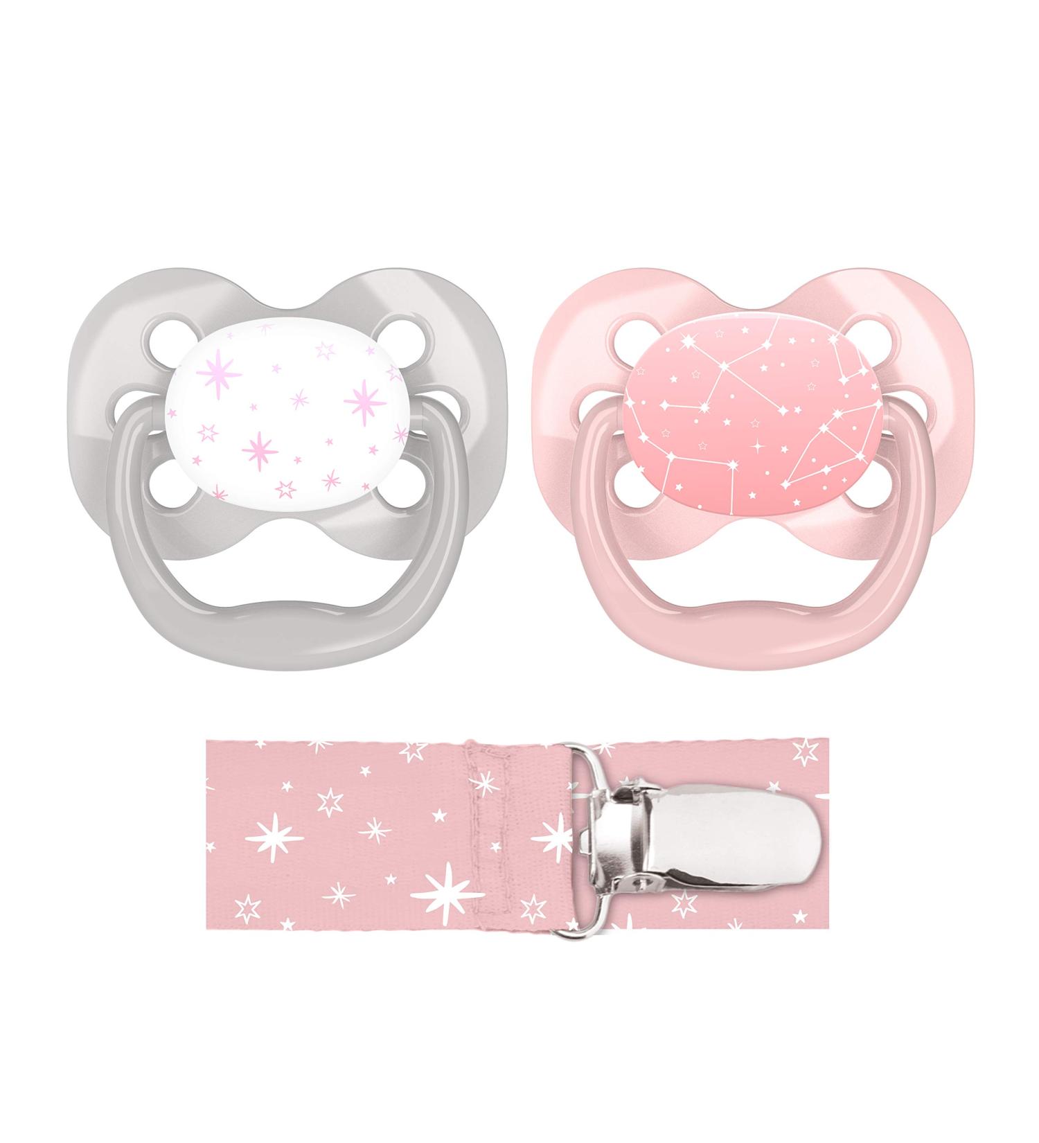 Dr. Brown's Advantage Symmetrical Pacifier 2-Pack with Air Flow, Pacifier Clip - Pink Stars - Buy Online on GoSupps.com