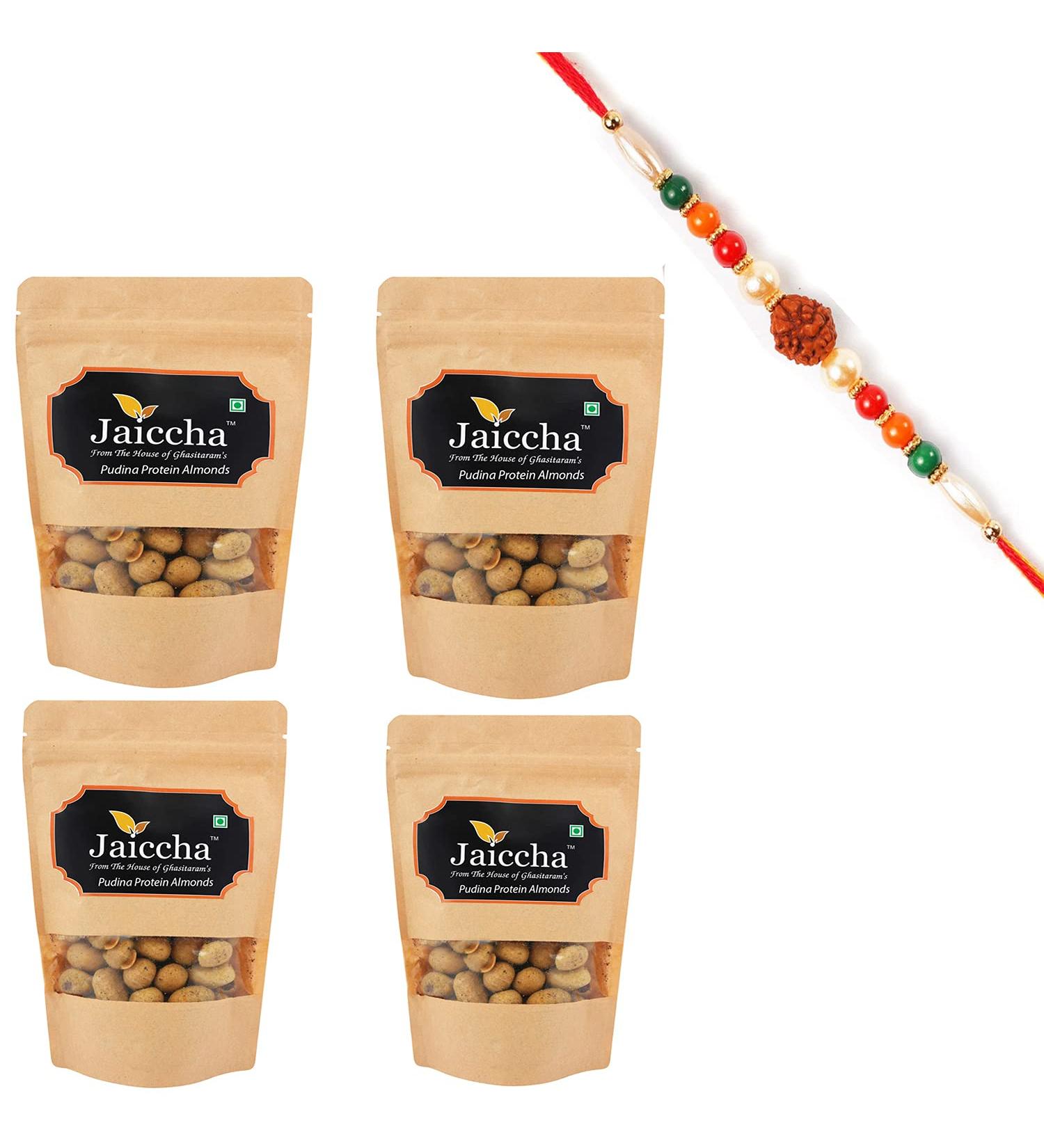 Jaiccha Ghasitaram Rakhi Gifts for Brothers Rakhi Dryfruits - Pudina Protein Almonds 800 GMS in Brown Paper Pouch with Rudraksh Rakhi - Buy Online on GoSupps.com