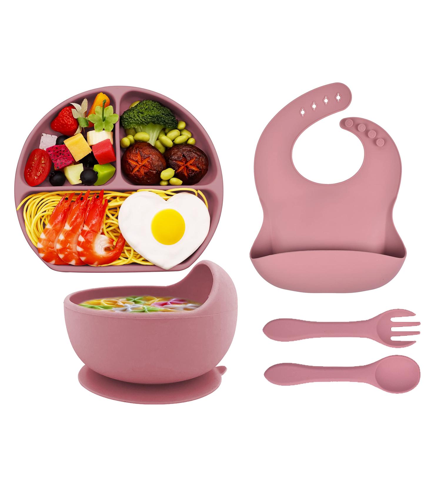 Hoseay Baby Weaning Set - 5 Pcs Silicone Feeding Set with Suction Bowl, Plate, Fork, Spoon, Bib - Baby Led Weaning Supplies for Kids/Toddlers in Pink - Buy Online on GoSupps.com