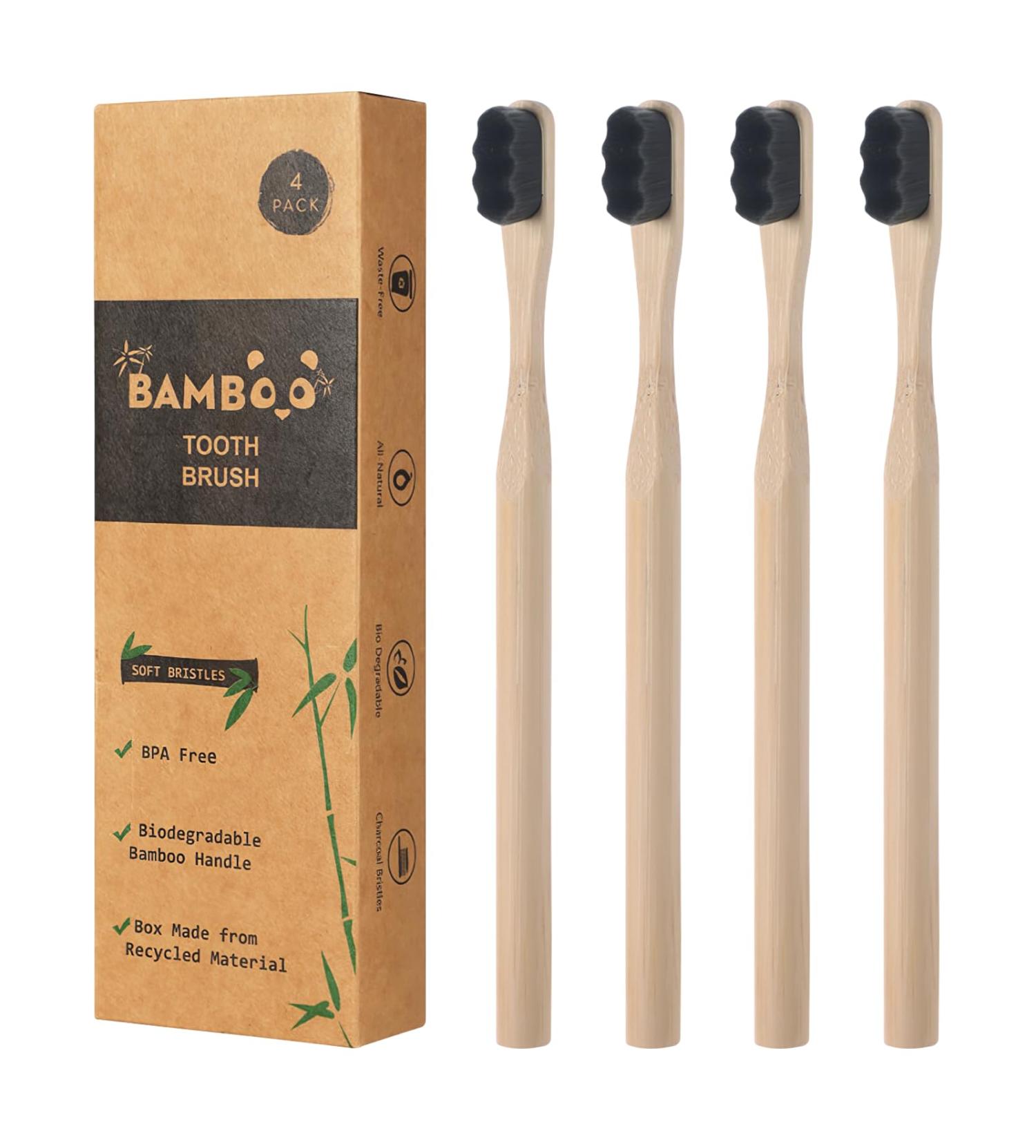 Eco-Friendly Bamboo Toothbrush Set - 4 Extra Soft Biodegradable Brushes with Nano Bristles | BPA-Free & Charcoal Activated for Superior Cleanliness (Black) - Buy Online on GoSupps.com