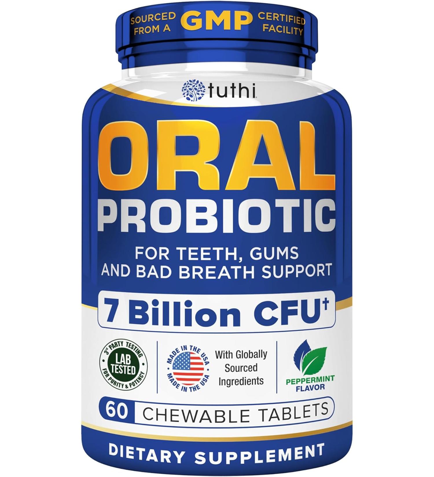 Tuthi Oral Probiotics - Dental Probiotic for Bad Breath & Gum Care - 7 Billion CFU - Fresh Mouth Health - Peppermint Lozenges 60 Count - Buy Online on GoSupps.com
