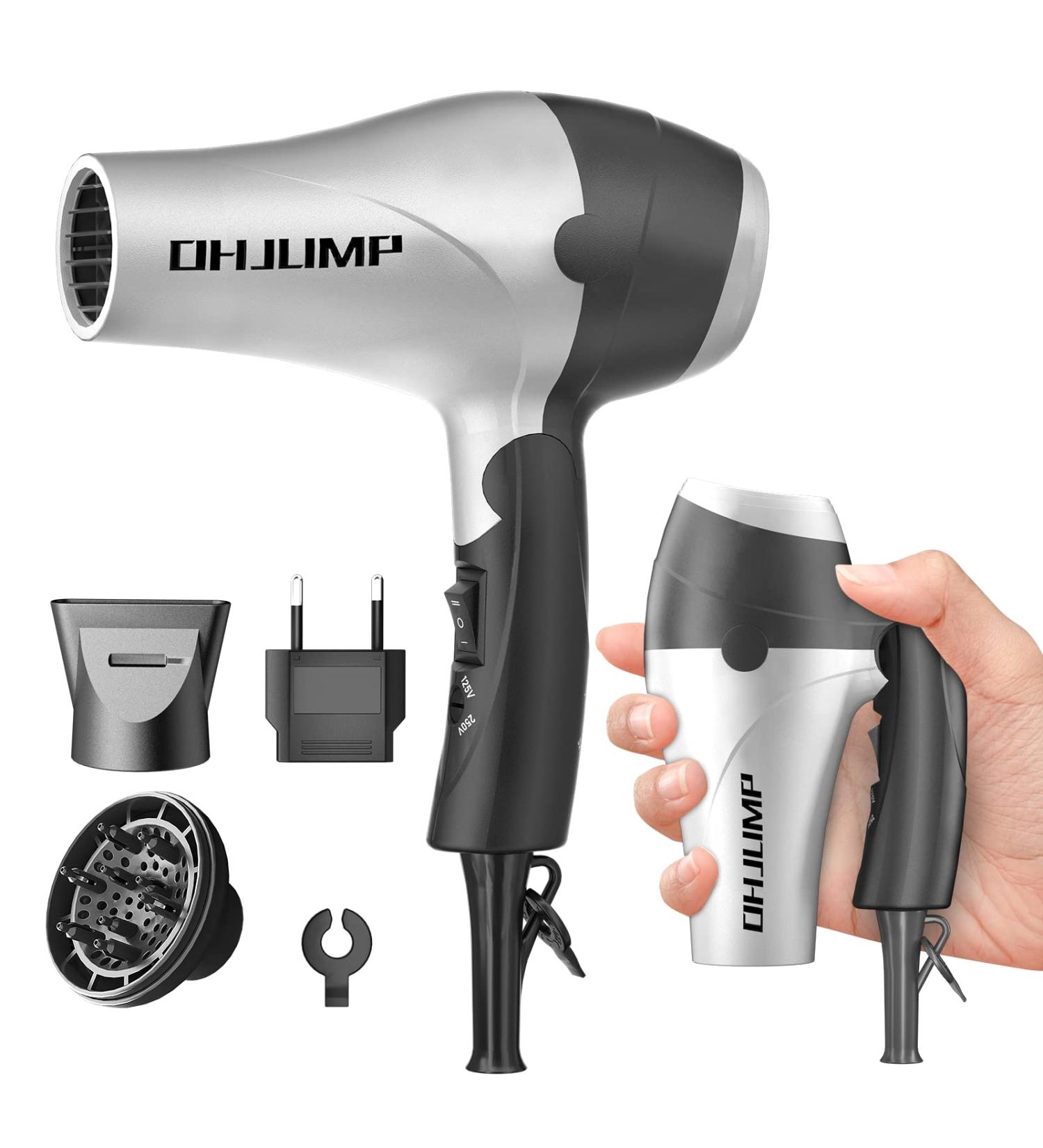 OHJUMP Mini Travel Hair Dryer with Diffuser - Portable Dual Voltage 1875W Fast Dry Compact Hairdryer - EU Plug - Silvery - Buy Online on GoSupps.com