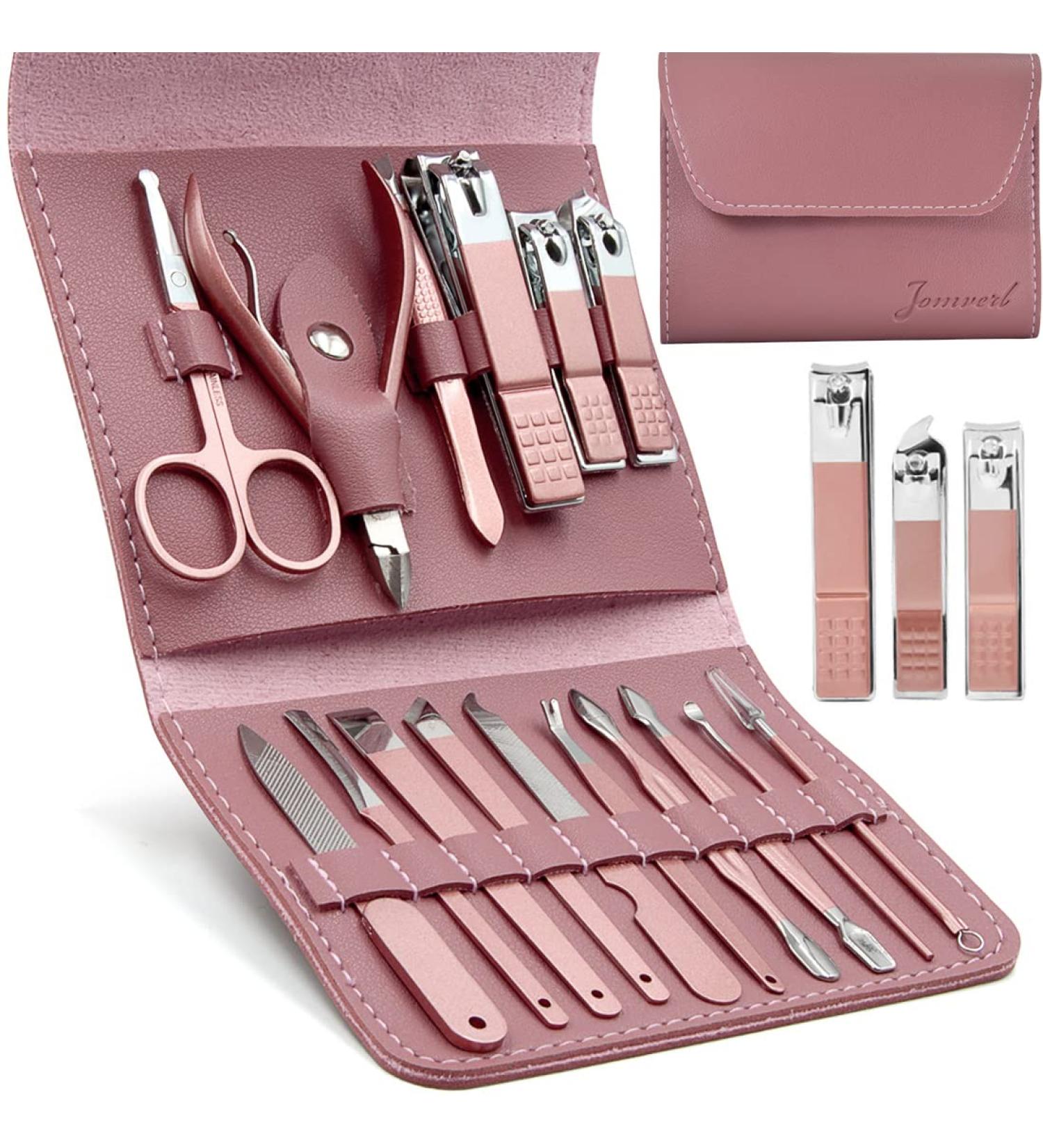 Jomverl 16-in-1 Manicure & Pedicure Kit with Leather Travel Case - Nail Clippers & Tools for Men and Women in Rose Gold Pink - Buy Online on GoSupps.com