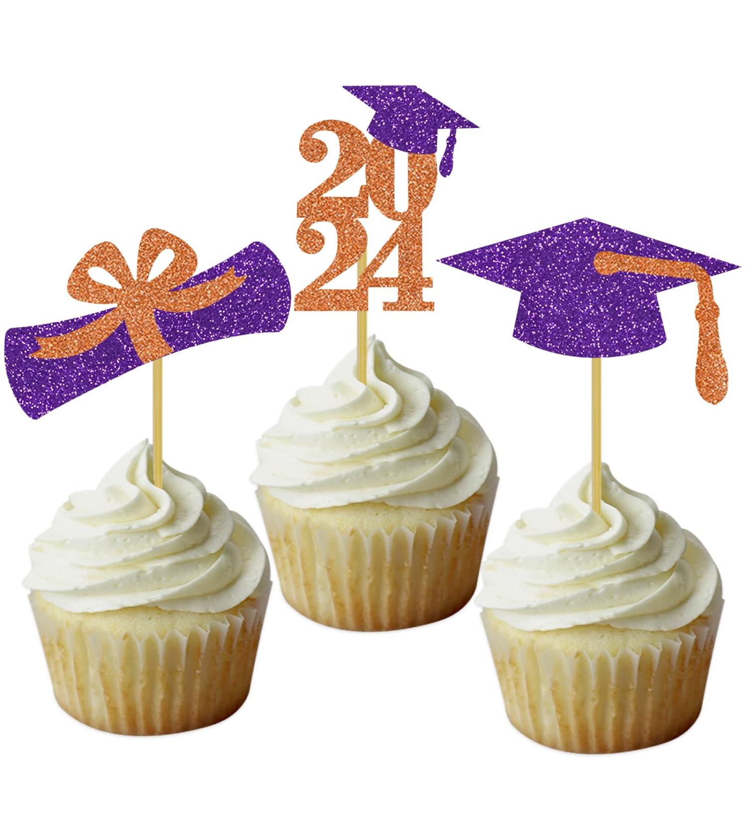 Graduation Cupcake Toppers Grad Party Decoration Food Picks Congrats Glitter Diploma Cap School Colors Supplies 24 PCS Purple Orange - Buy Online on GoSupps.com