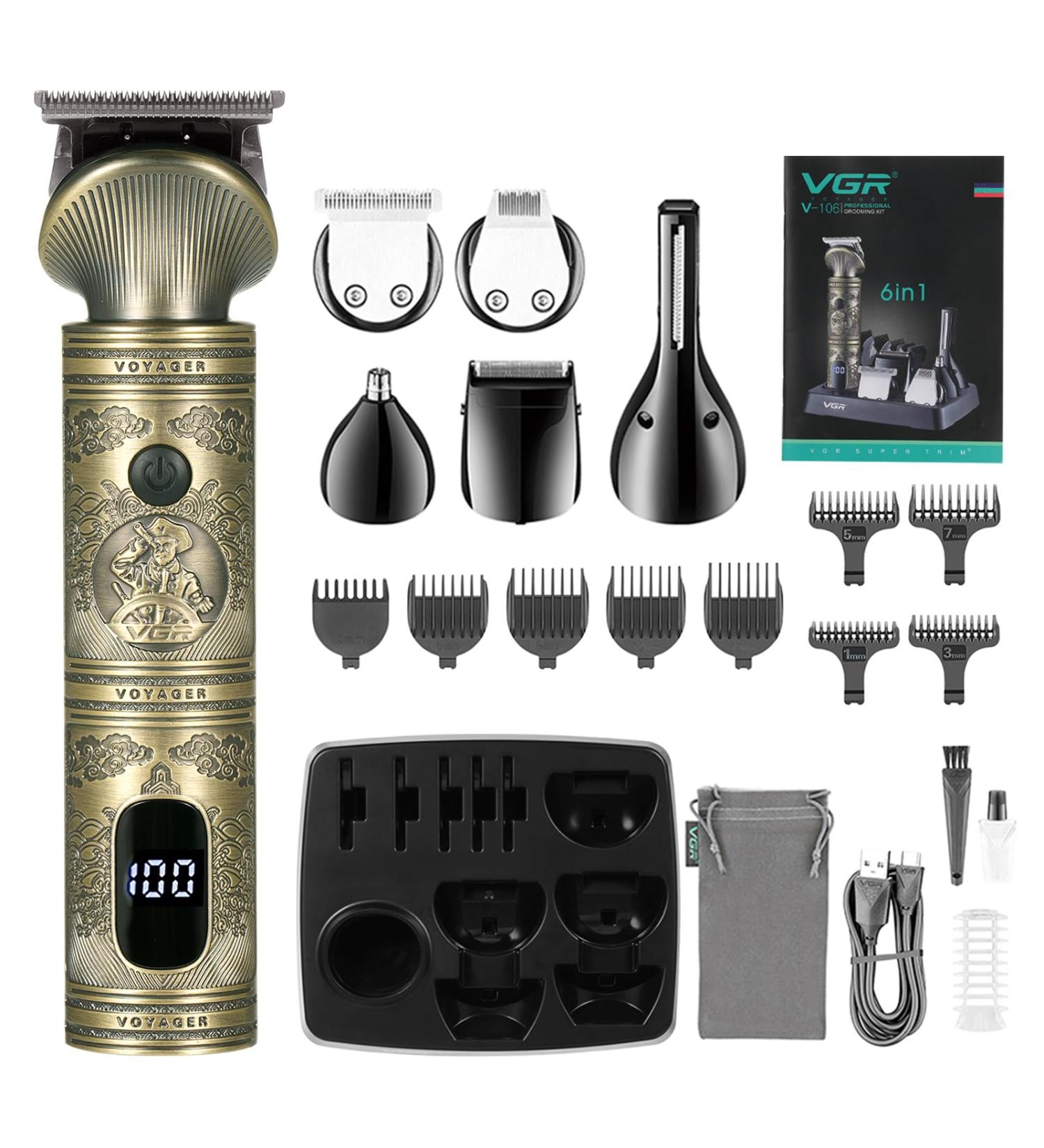 Bestauty 6 in 1 Beard Trimmer Kit for Men - Professional Hair Clipper with T-Blade, Cordless & Rechargeable - Ideal for Nose, Body & Facial Grooming - LED Display & Zero Gapped Design - Golden - Buy Online on GoSupps.com