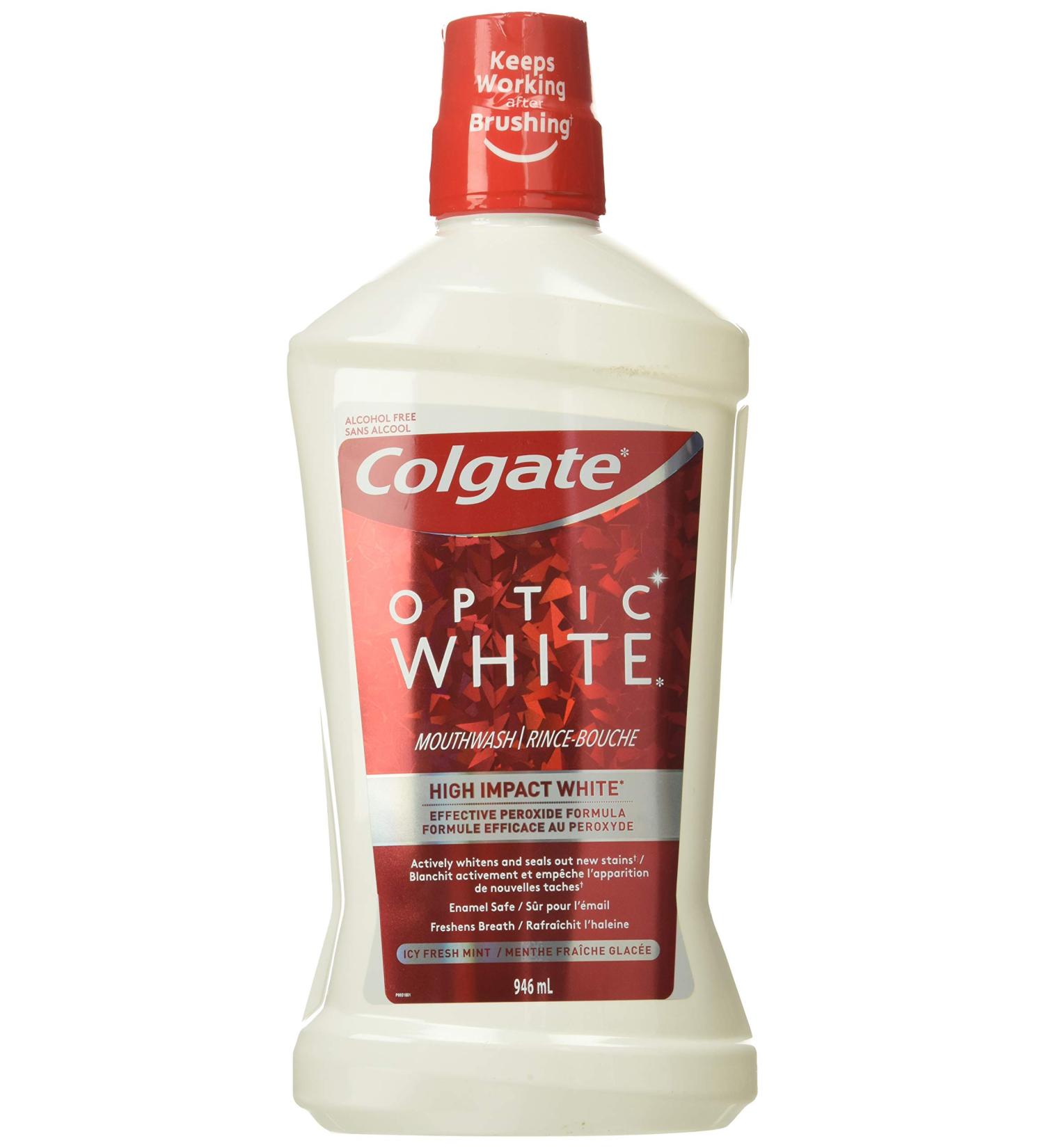 Colgate Optic White Mouthwash Icy Fresh Mint 946 mL (Pack of 1) Contains Hydrogen Peroxide Alcohol Free Sugar Free Gluten Free Enamel Safe Freshens Breath Vegan Mouth Wash Icy Fresh Mint 946 ml (Pack of 1) - Buy Online on GoSupps.com