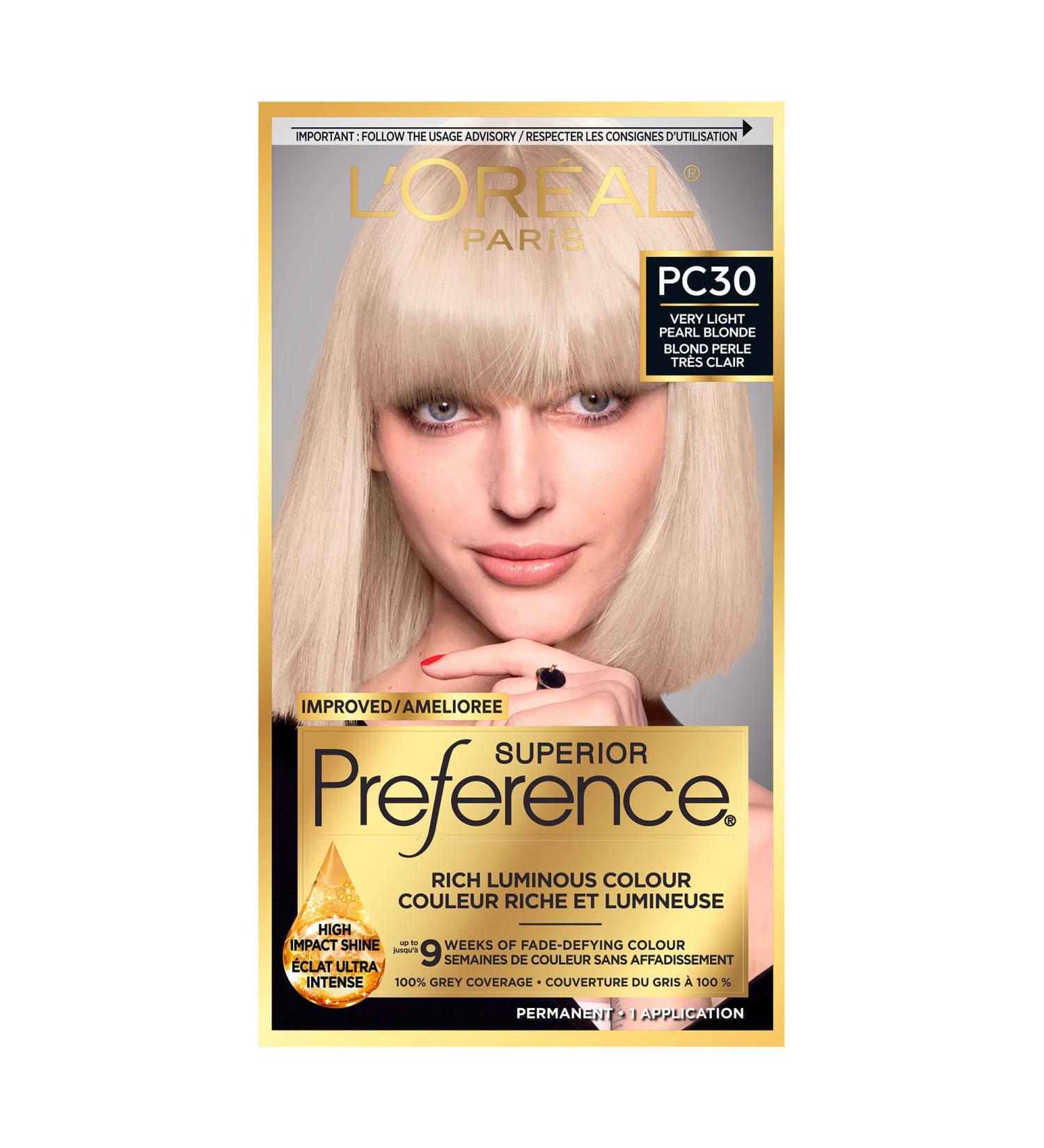 L'Oreal Paris Superior Preference 9 weeks of Luminous Fade-Defying Permanent Hair Dye PC30 Very Light Pearl Blonde 100% Grey Coverage 1 Hair Dye Kit (Packaging May Vary) Very Light Pearl Blonde 1 count (Pack of 1) - Buy Online on GoSupps.com