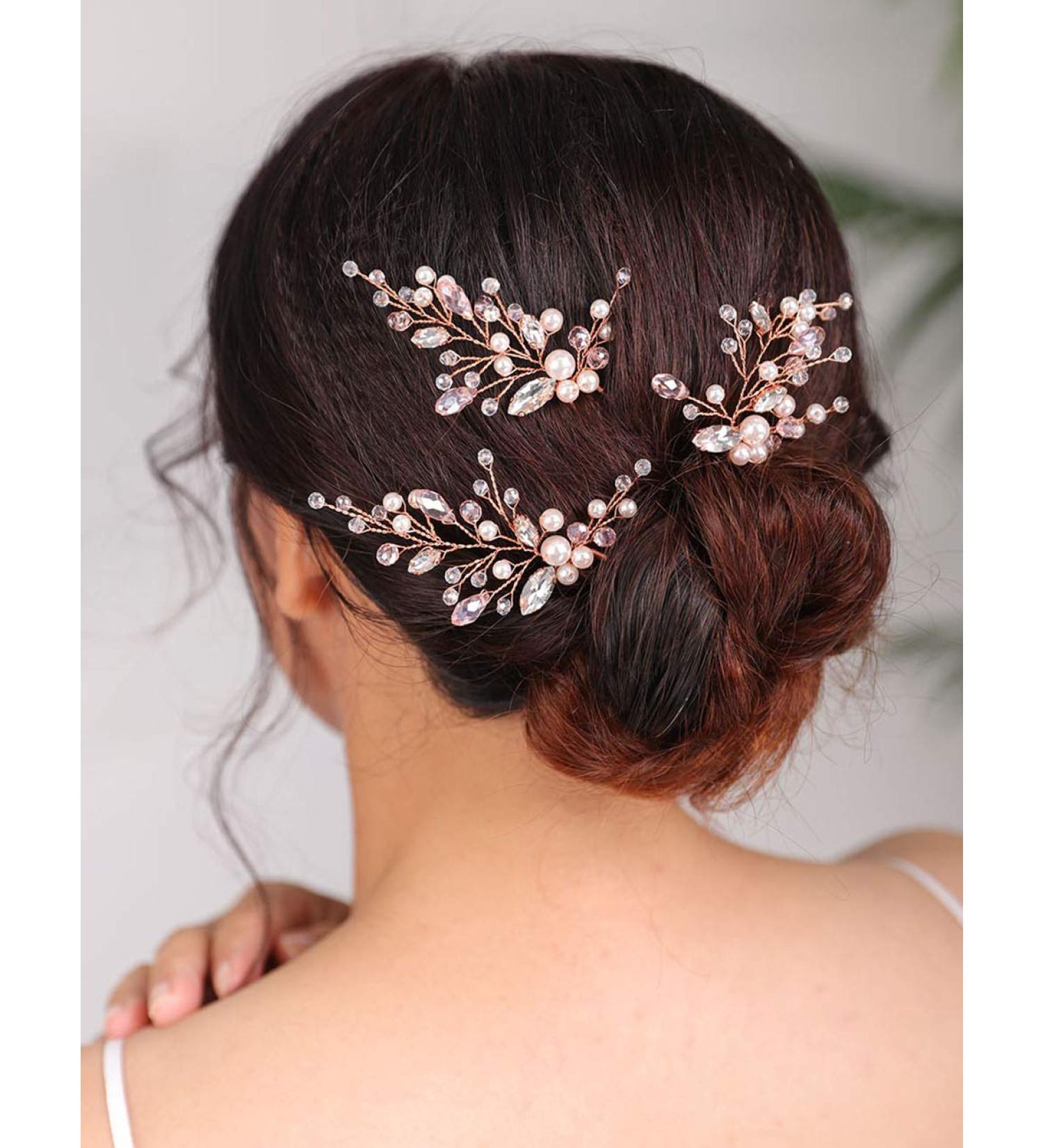 Denifery Bridal Set of 3 Blush Pink Pearl Hair Pins | Baby Breath Hair Pin | Rose Gold Wedding Hair Accessories - Buy Online on GoSupps.com
