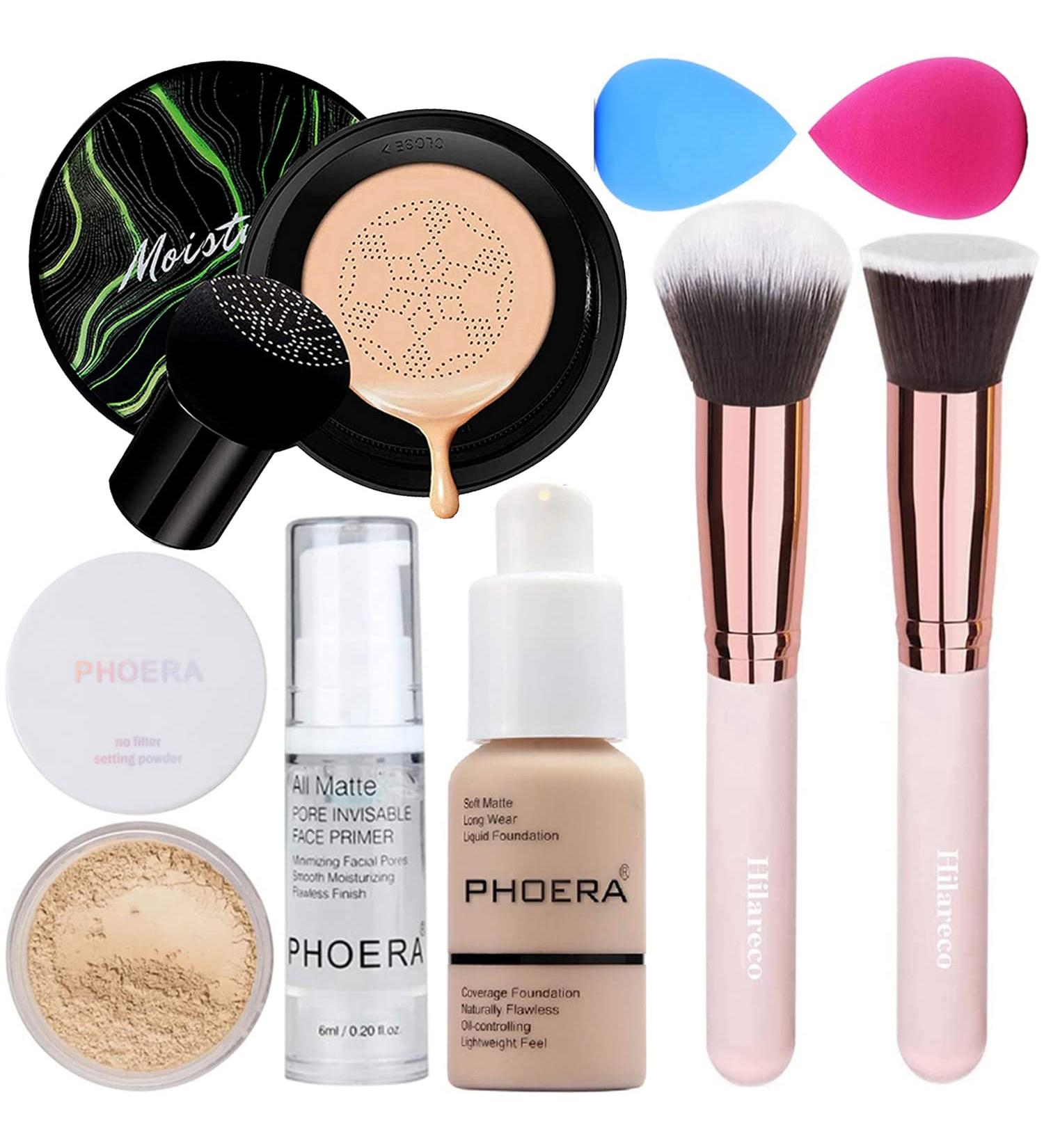 PHOERA Air Cushion CC Cream Natural Foundation Set with Primer, Powder, Kabuki Brushes & Makeup Sponges - Buy Online on GoSupps.com