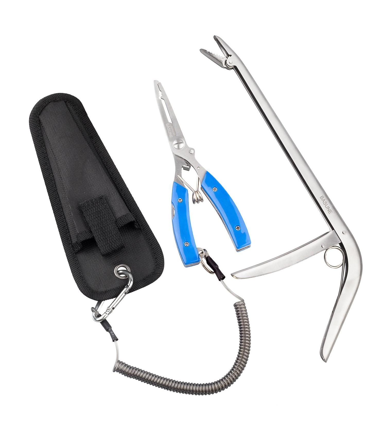 BASUNE Fishing Pliers + Hook Remover & Line Cutter Set with Nylon Sheath - Curved Nose, Fishing Tackle Tool for Easy Hook Removal - Blue - Buy Online on GoSupps.com