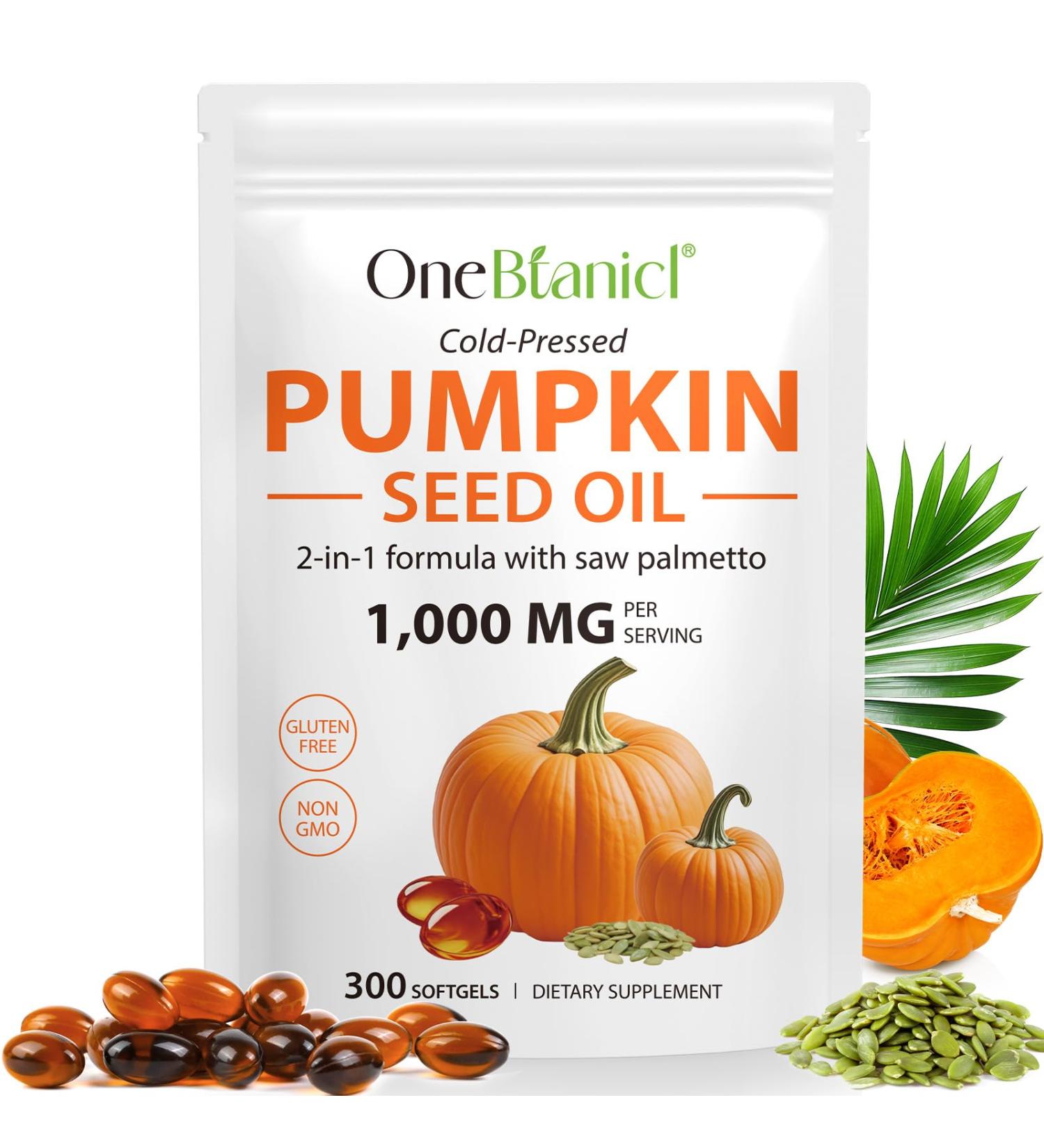Pumpkin Seed Oil Capsules with Saw Palmetto 300PCS | Cold-Pressed Pumpkins Seed Oil for Hair Growth with Essential Fatty Acids & Phytosterols | Supports Hair Heart Skin Supplement | Non-GMO - Buy Online on GoSupps.com