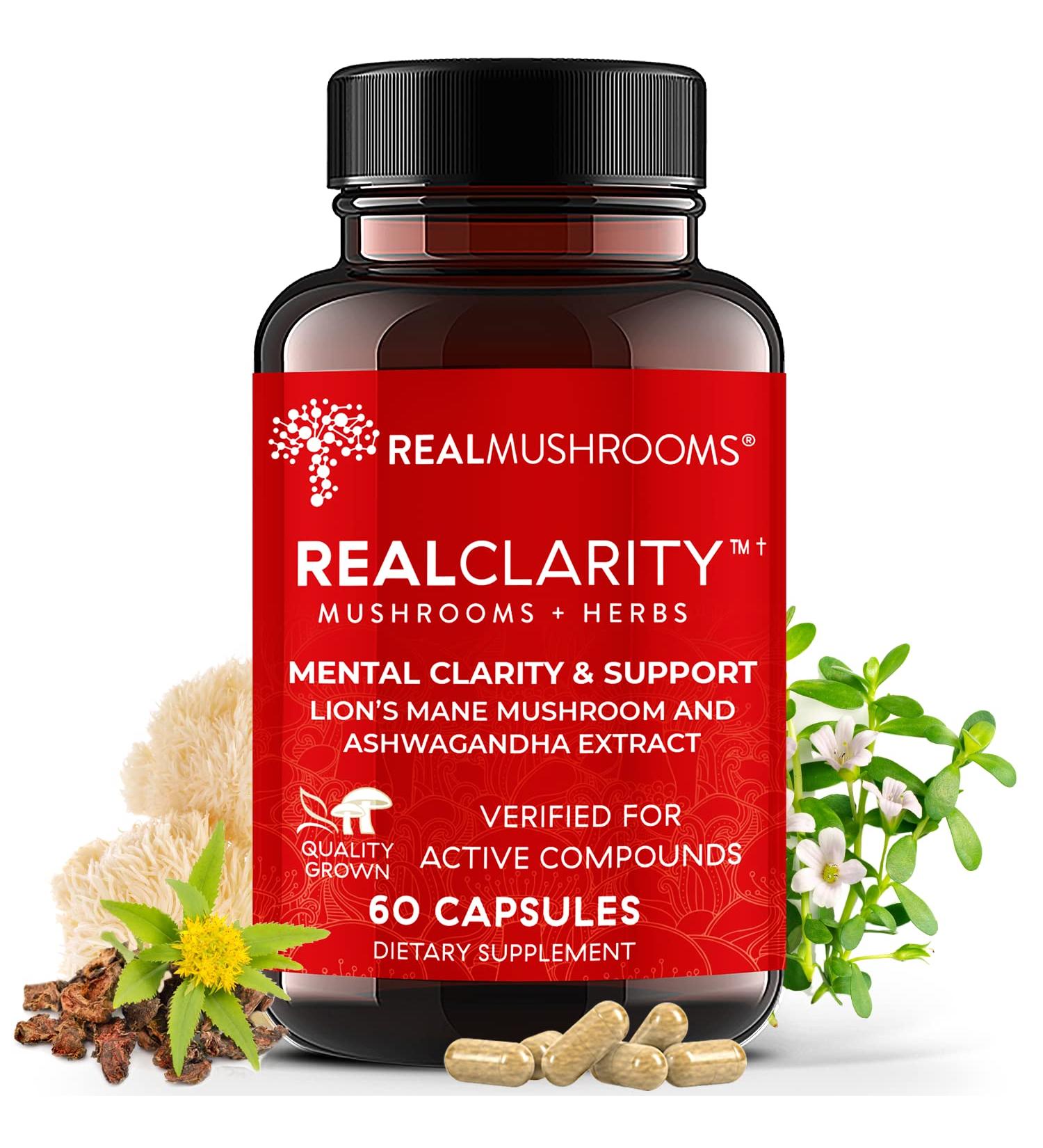 RealClarity Brain Supplement - Organic Lions Mane & Ashwagandha Capsules for Mental Clarity and Daily Immune Support - 60ct - Buy Online on GoSupps.com