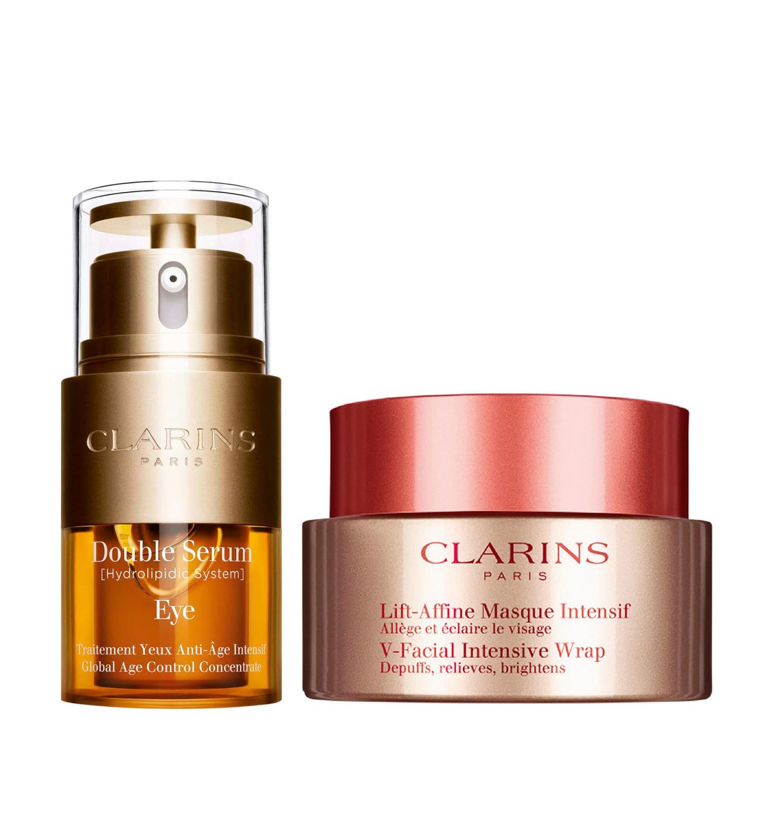 Clarins V-Facial Wrap Face Mask and Double Serum Eye Bundle | Depuffing Face Mask | Anti Aging Eye Cream | Visibly Smooths Firms Hydrates and Revitalizes for More Youthful-Looking Eyes in 7 Days* - Buy Online on GoSupps.com