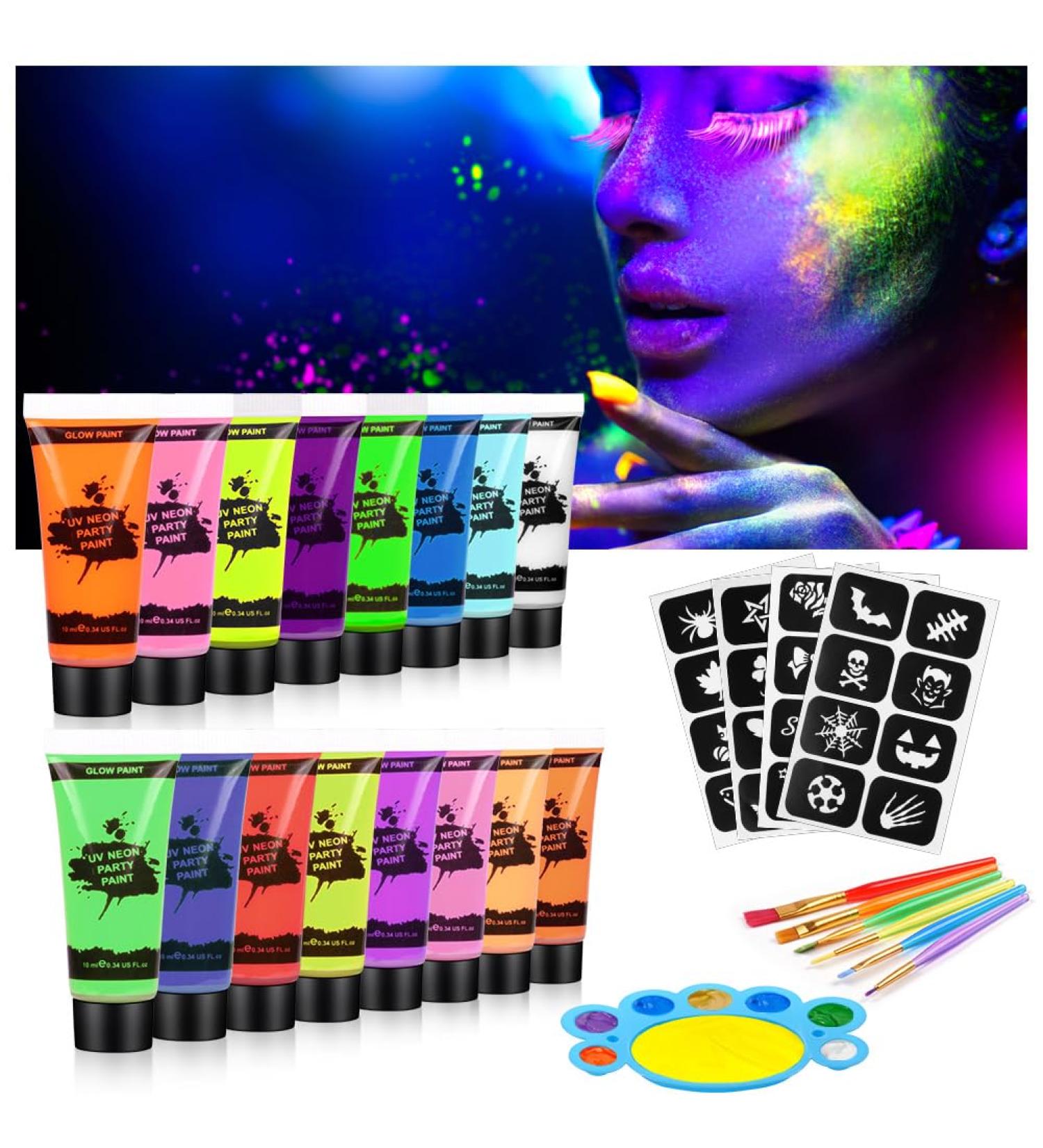 AOOWU UV Glow Face Body Paint Set - 16 Neon Fluorescent Colors - Non-Toxic Makeup Kit for Adults & Kids - Perfect for Parties & Carnivals - Buy Online on GoSupps.com