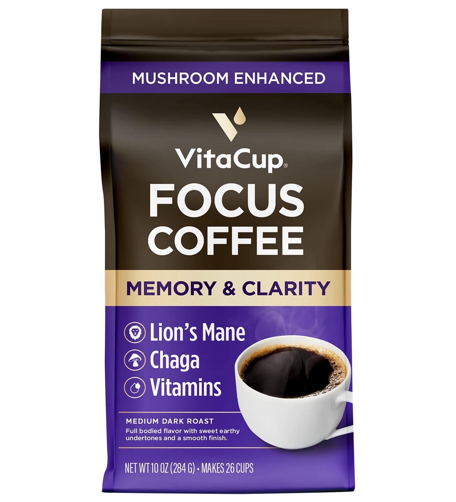 VitaCup Focus Ground Mushroom Coffee 10 Oz - Boost Focus & Immunity with Lions Mane, Chaga, B Vitamins, D3 - Medium Dark Roast 100% Arabica Specialty Coffee Grounds - Memory & Clarity Blend - Buy Online on GoSupps.com