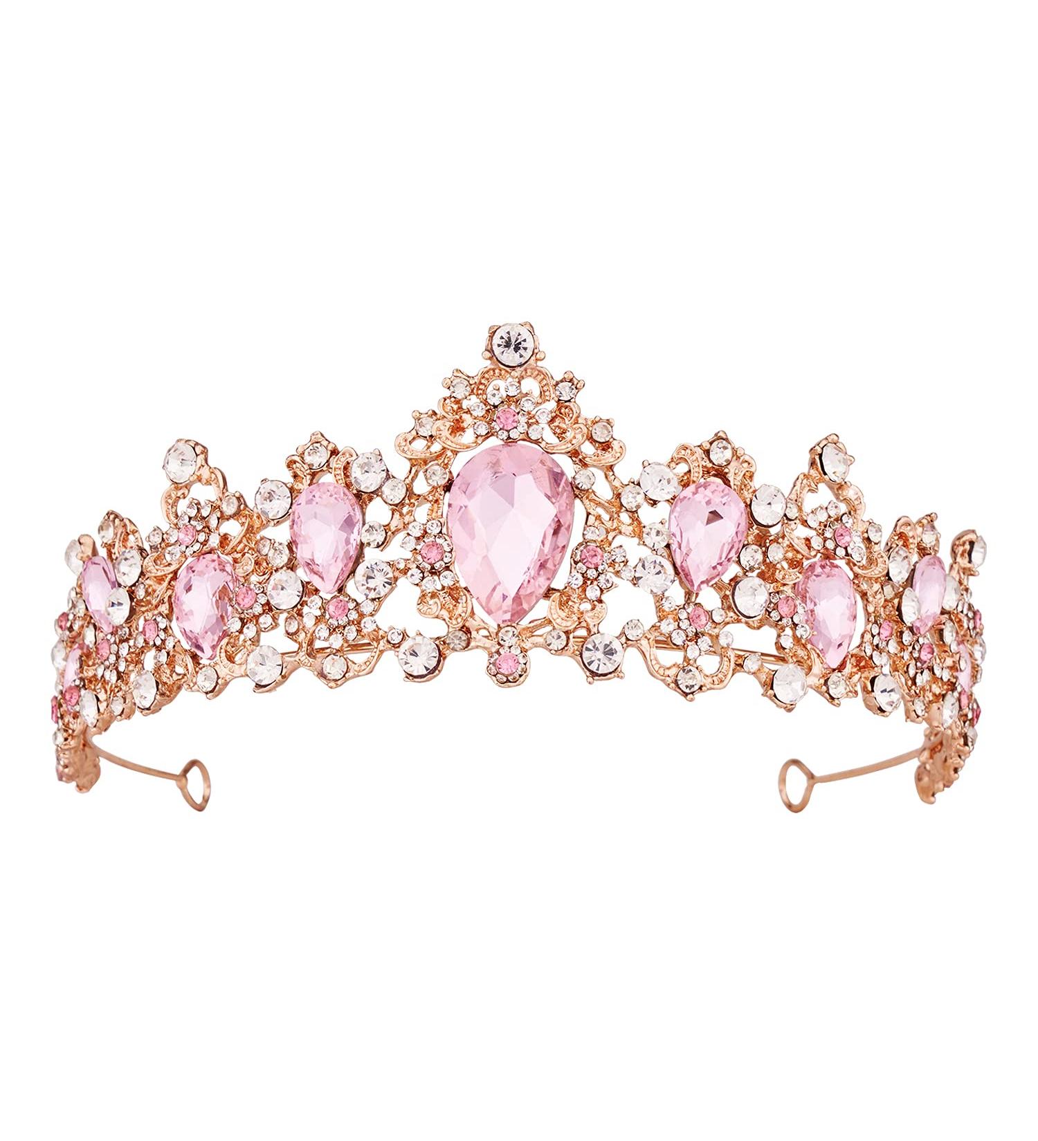 Vofler Rose Gold Tiara with Pink Crystal - Baroque Rhinestone Crown for Women - Ideal for Princess, Bride, Birthday, Wedding, Prom, Quinceanera - Rose Gold and Pink - Buy Online on GoSupps.com