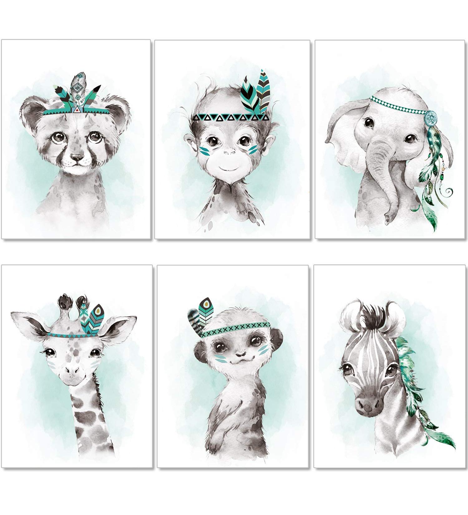 Set of 6 Mint Grey Feather Art Pins for Kids Room - Jungle Animals Poster Set for Boys and Girls - Indian Animal Decor P62 - Buy Online on GoSupps.com