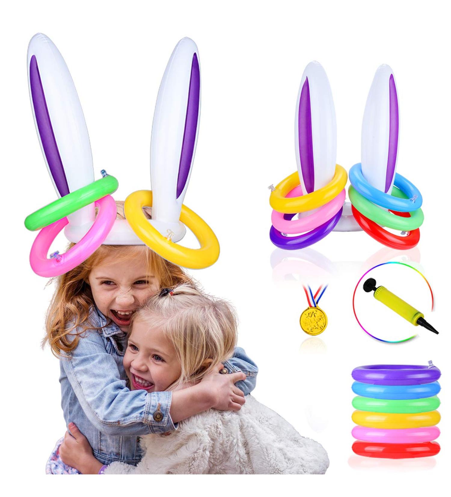Inflatable Bunny Ears Ring Toss Game Set for Easter Party - Includes 2 Rabbit-Ear Hats, 12 Rings, Medal, and Pump - Buy Online on GoSupps.com