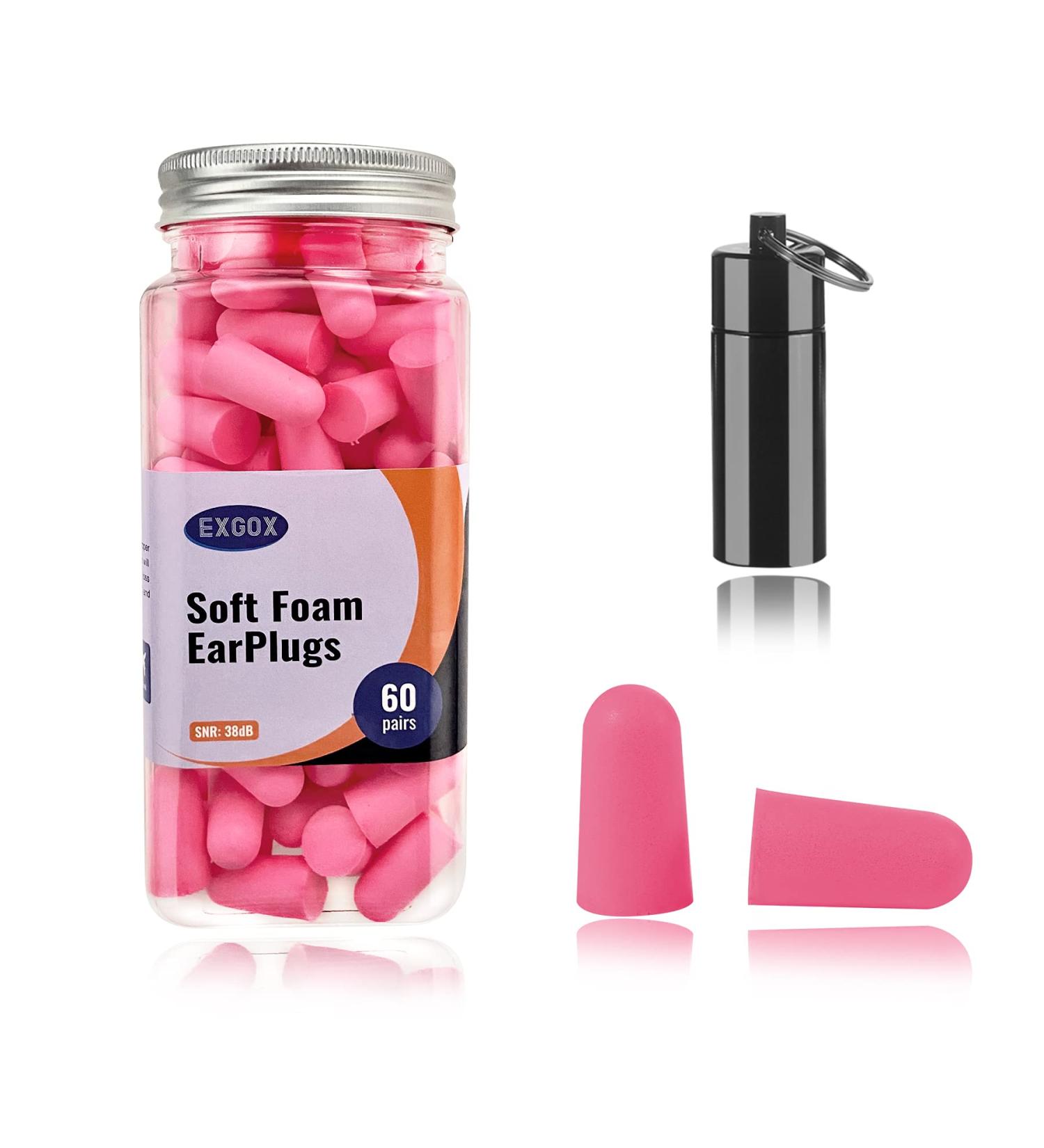 EXGOX Soft Foam Earplugs 38dB SNR 60 Pairs - Comfortable for Sleeping, Studying, Concerts - Pink Earplugs for Loud Noise - One Size Fits All - Buy Online on GoSupps.com