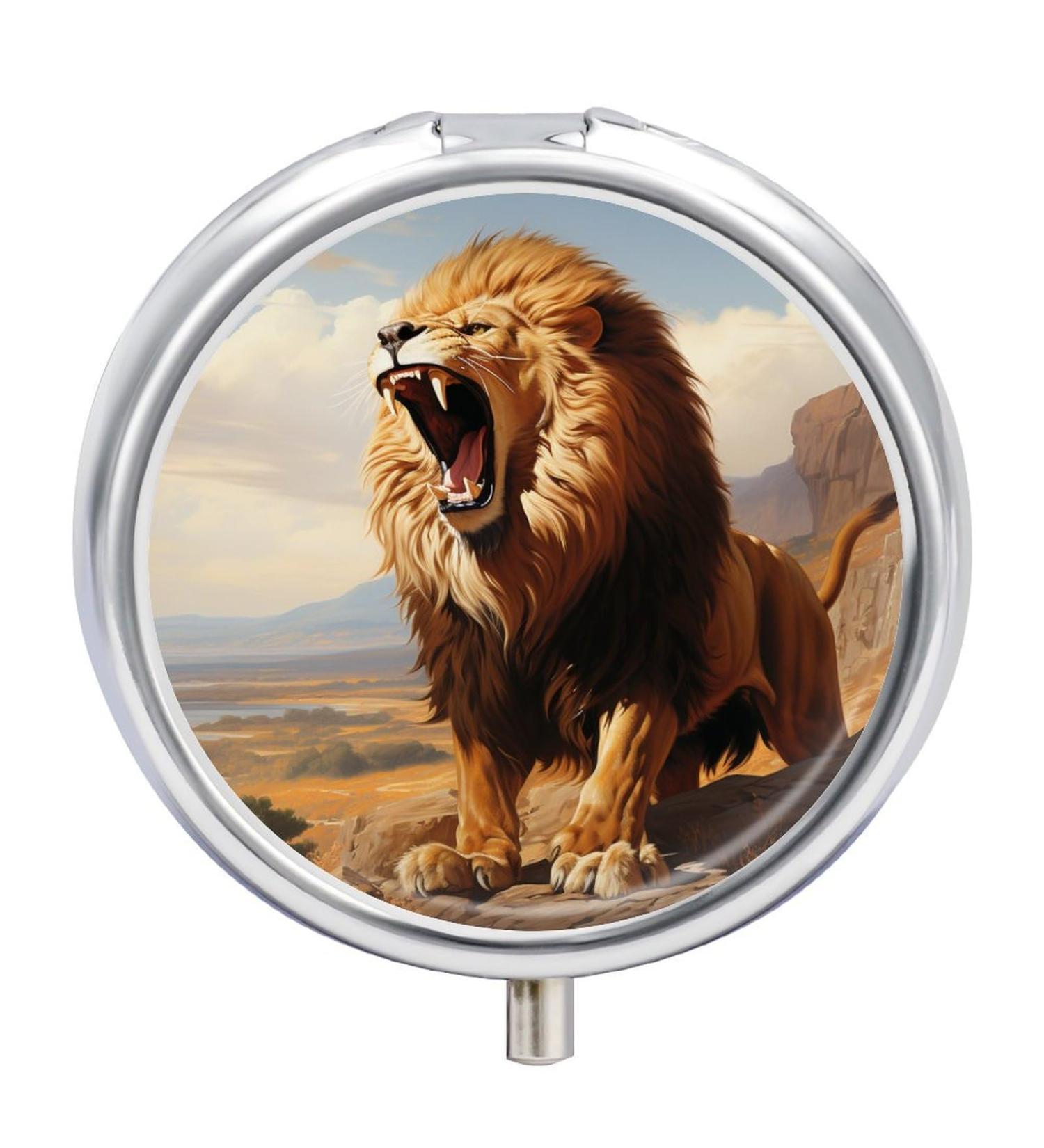 Small Travel Pill Case Round Metal Pill Box for Pocket Purse 3 Compartment Portable Pill Holder Mini Pill Organizer for Travel or Daily - Lion Lion 3 - Buy Online on GoSupps.com