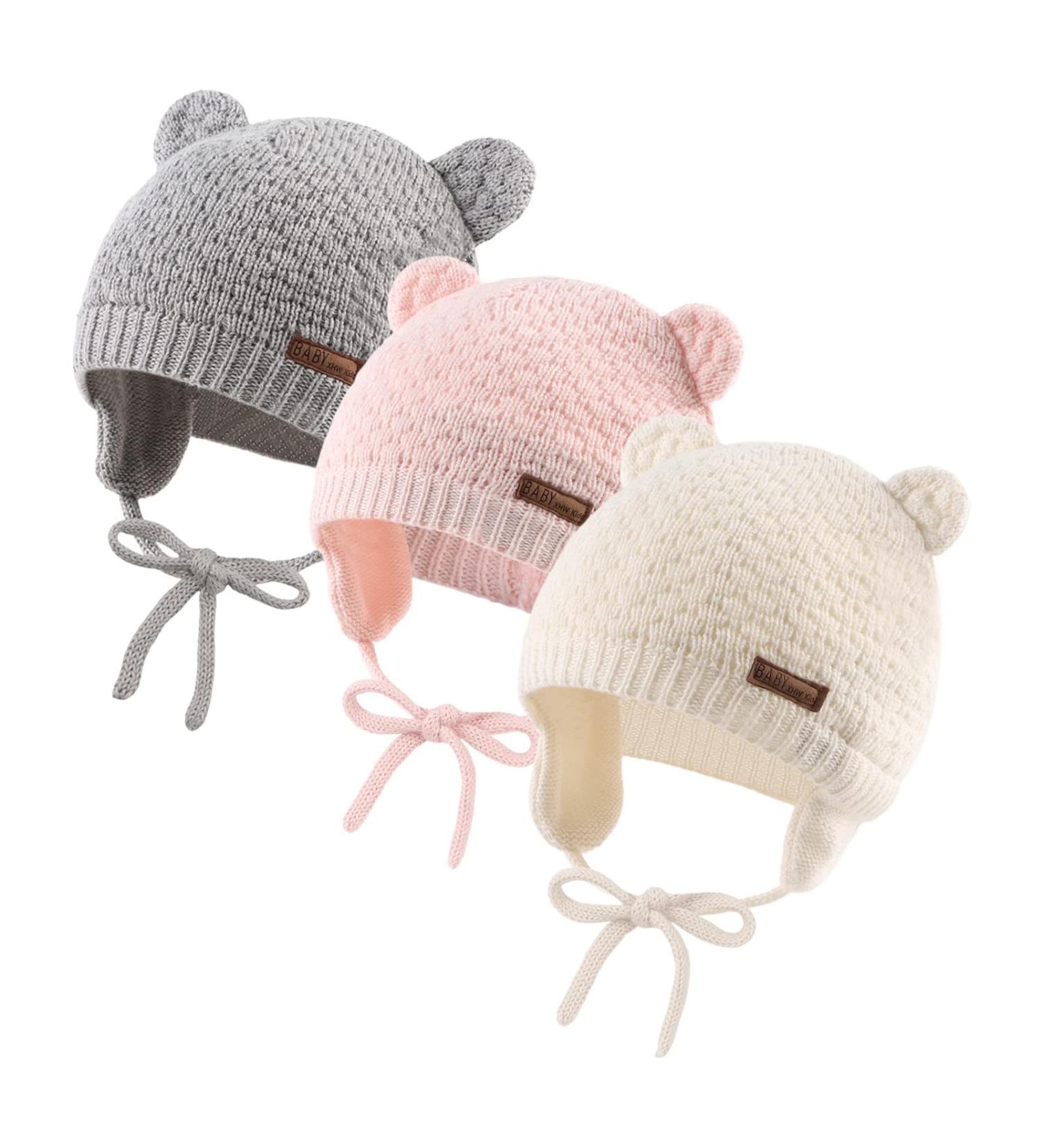 XIAOHAWANG Baby Earflap Beanie Hat Set - 3pcs Soft Knit Beanies for Infant Toddler Boys and Girls 0-6 Months, Cute Bear Design for Autumn Winter - Buy Online on GoSupps.com