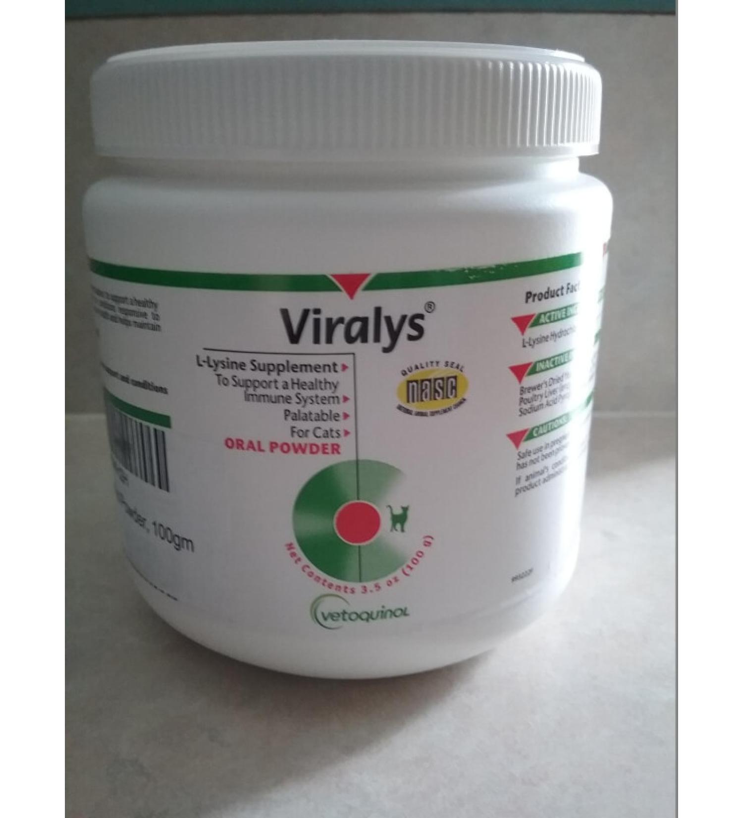 Vetoquinol Viralys L-Lysine Supplement for Cats - Boost Immune Health & Respiratory Function - 100g Flavored Powder for Cats of All Ages - Reduce Sneezing, Runny Nose & Watery Eyes - Buy Online on GoSupps.com
