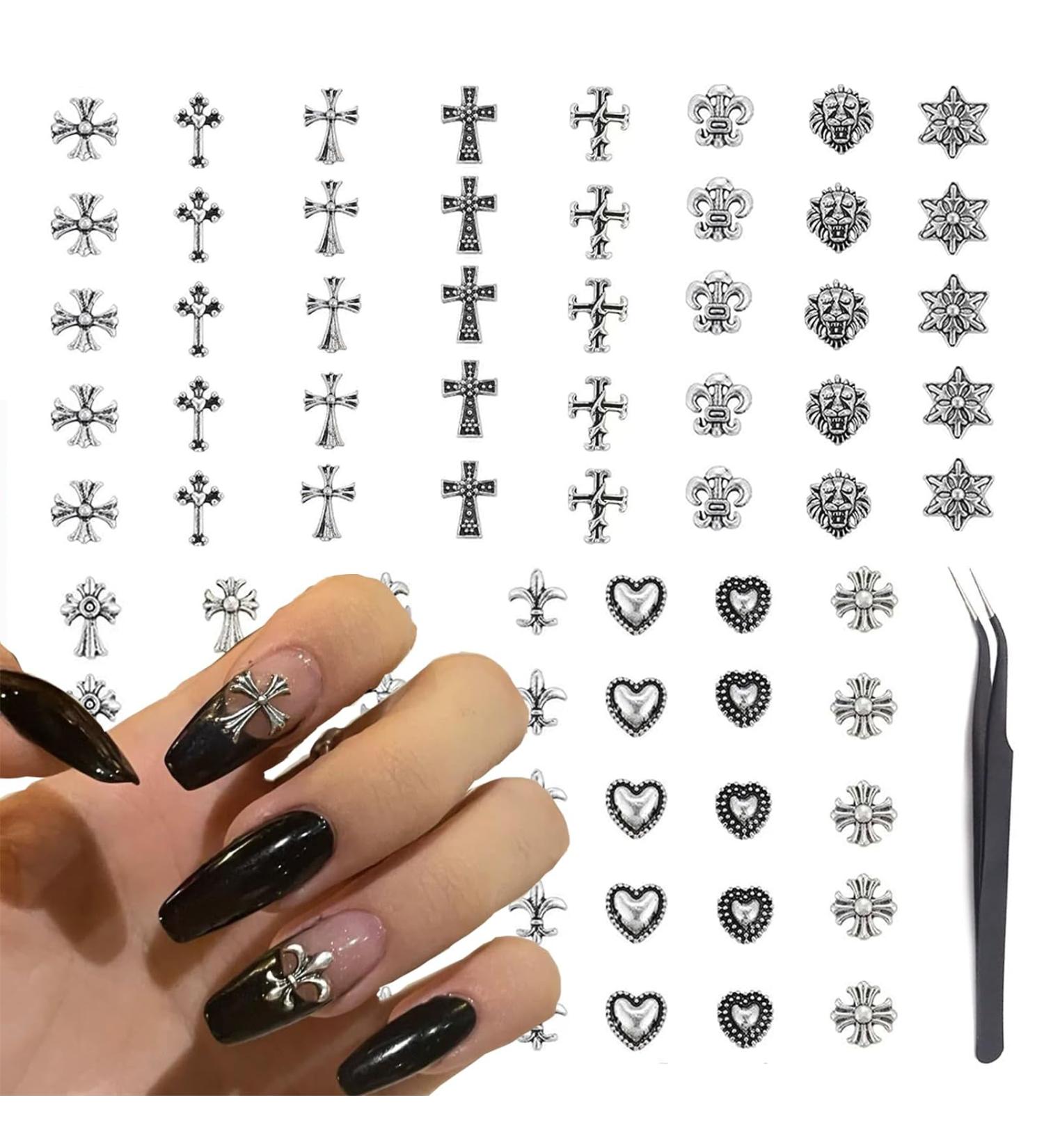 Nayyana 75 Pieces 3D Cross Nail Charms - Vintage Gothic Retro Punk Designs | Chrome & Silver Mix for Stunning Nail Art - Buy Online on GoSupps.com