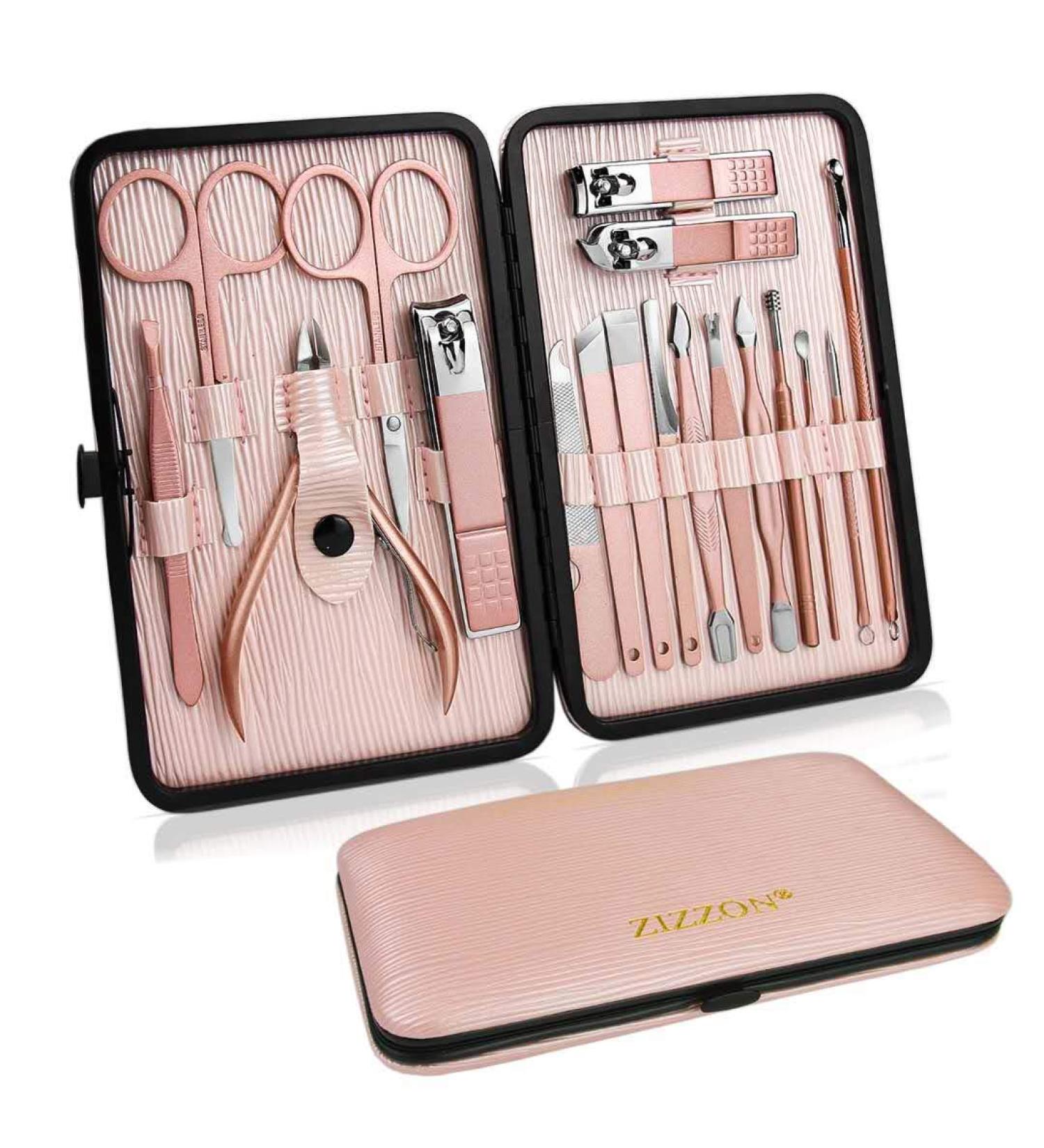 ZIZZON 18 in 1 Professional Manicure & Pedicure Set in Pink Leather Case - Buy Online on GoSupps.com