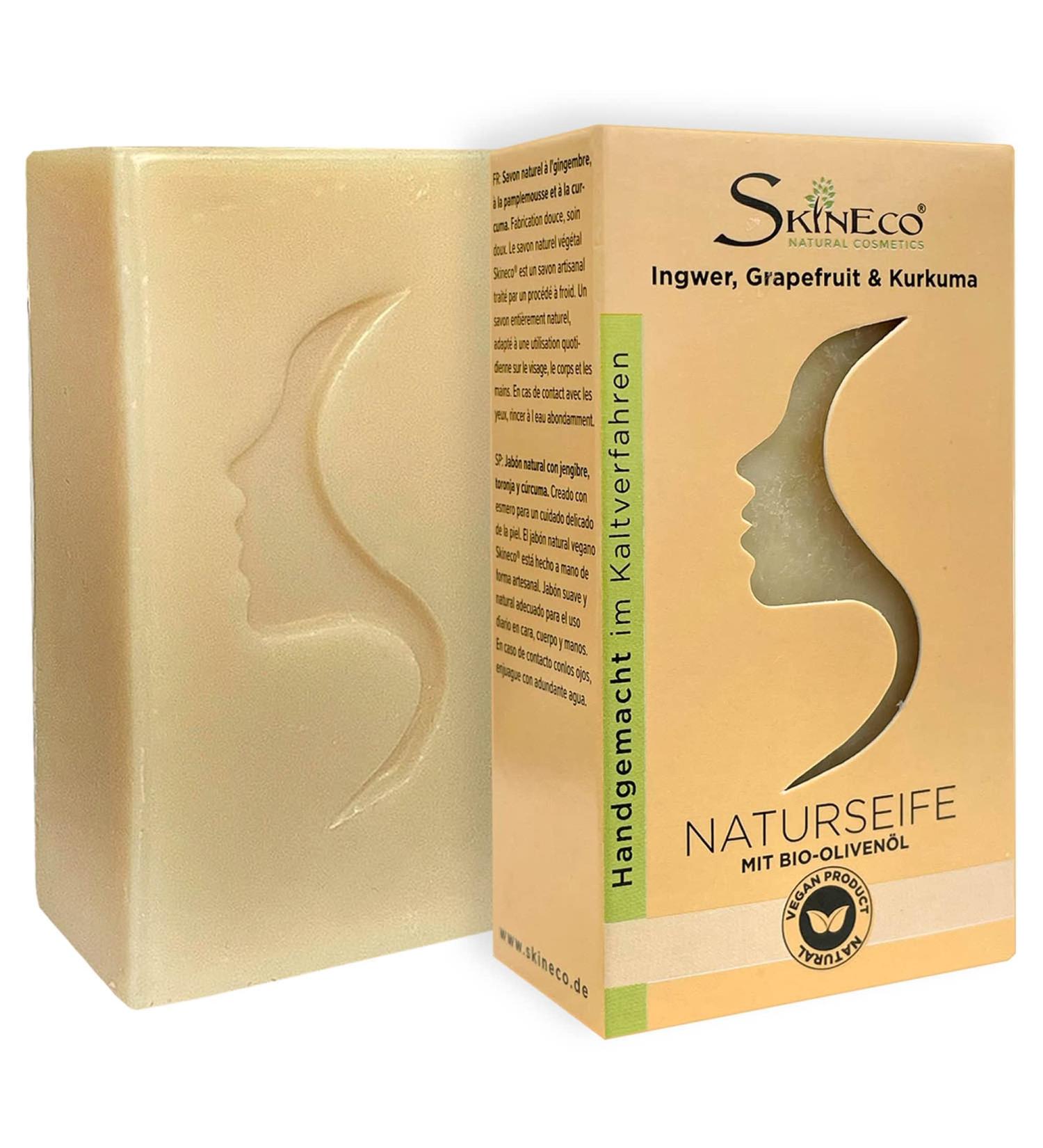 Skineco Natural Soap | Sustainable Shower Soap with Ginger Grapefruit Turmeric Organic Olive Oil | Body Soap | Handmade Natural Cosmetics | Soap for Face and Skin | Solid Mild Shower Gel | Vegan - Buy Online on GoSupps.com