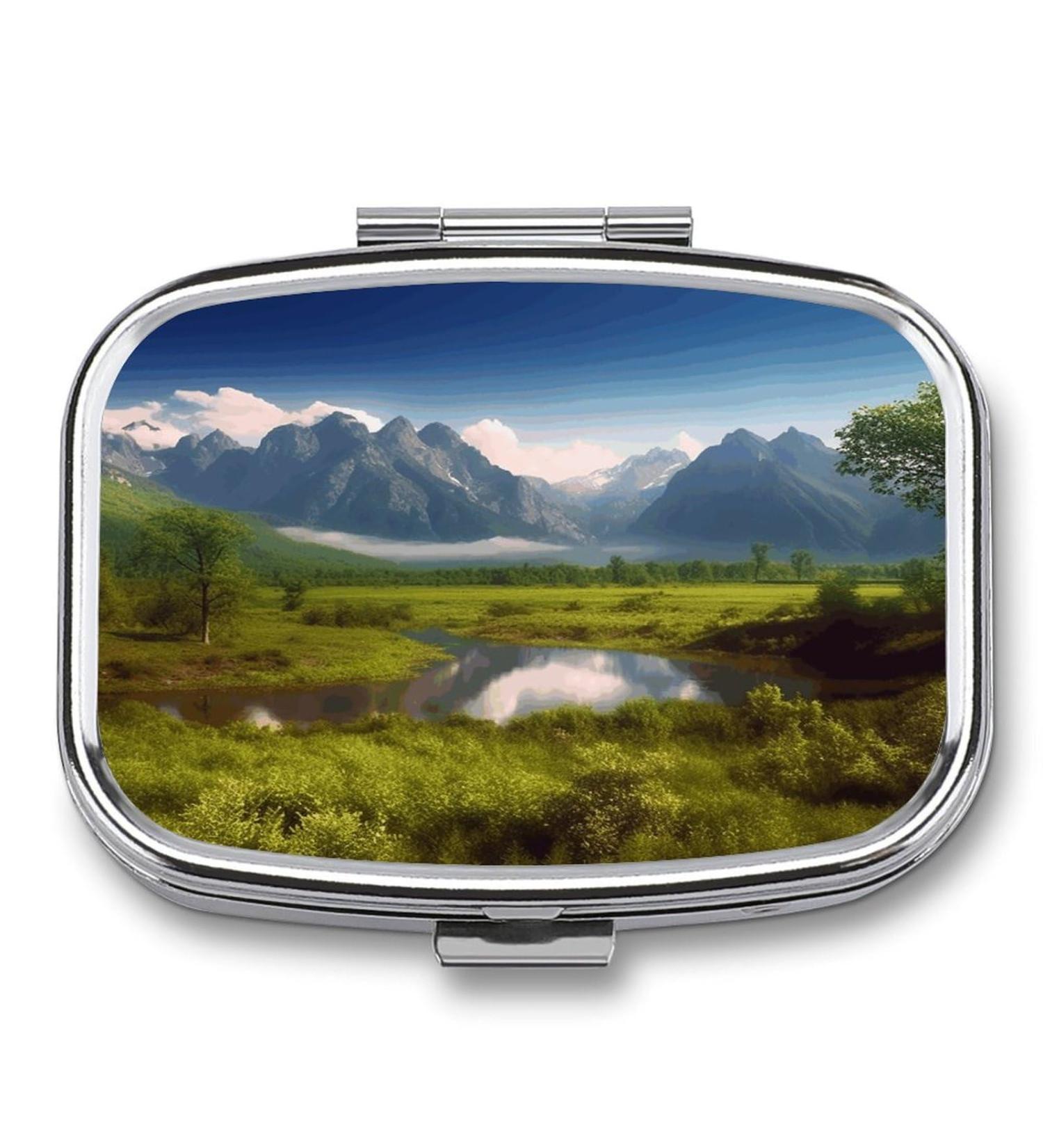 Beautiful Scenery Print Pill Box | 2 Compartment Metal Pill Organizer | Portable Decorative Medicine Case for Pocket & Purse - Shop Internationally - Buy Online on GoSupps.com