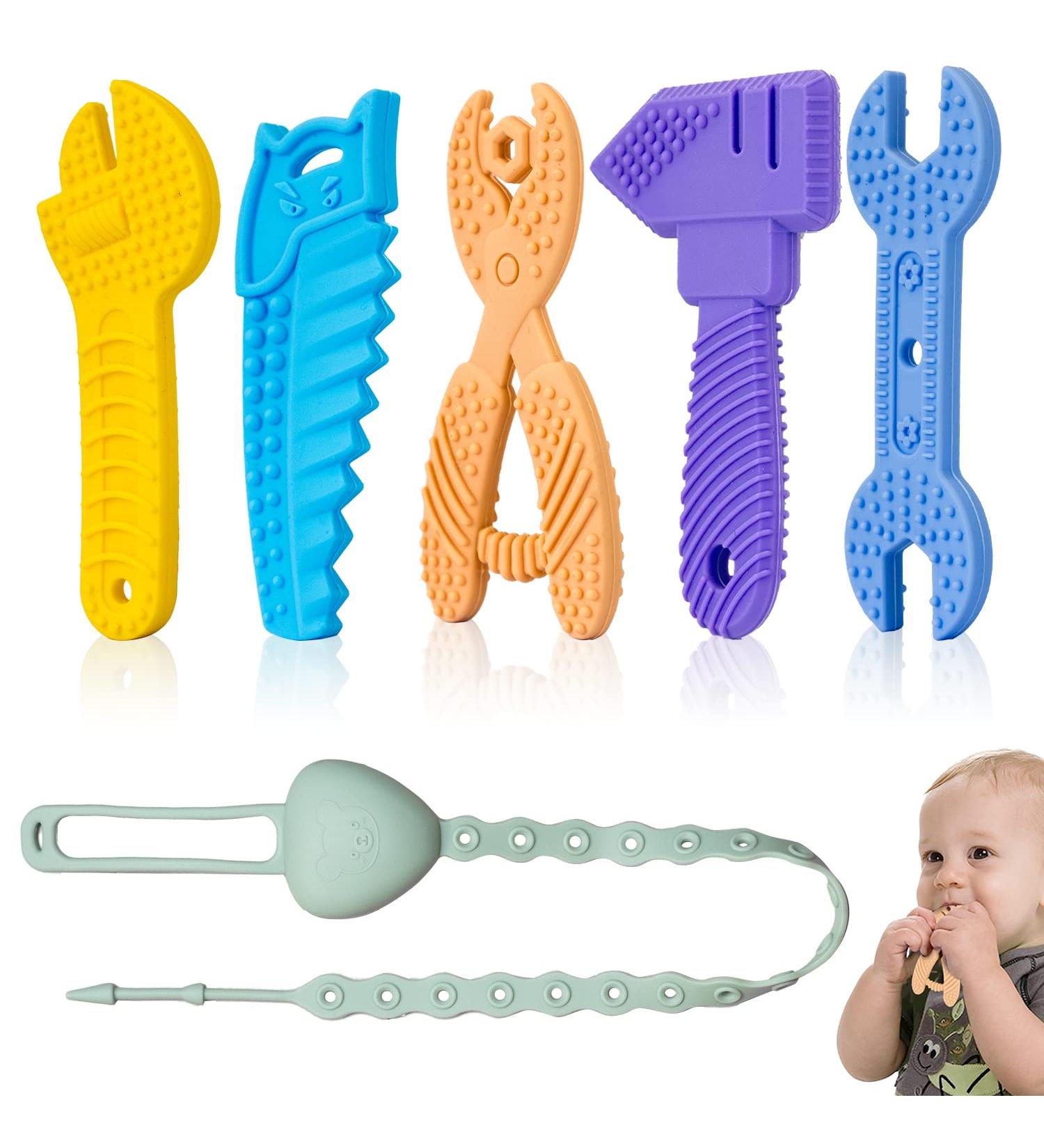 Baby Teething Toys 6-12 Months - BPA Free Tool Teether with Anti-Drop Chain | Soft Silicone Chew Toys for Soothing Sore Gums - 6PCS Multi Pack - Buy Online on GoSupps.com