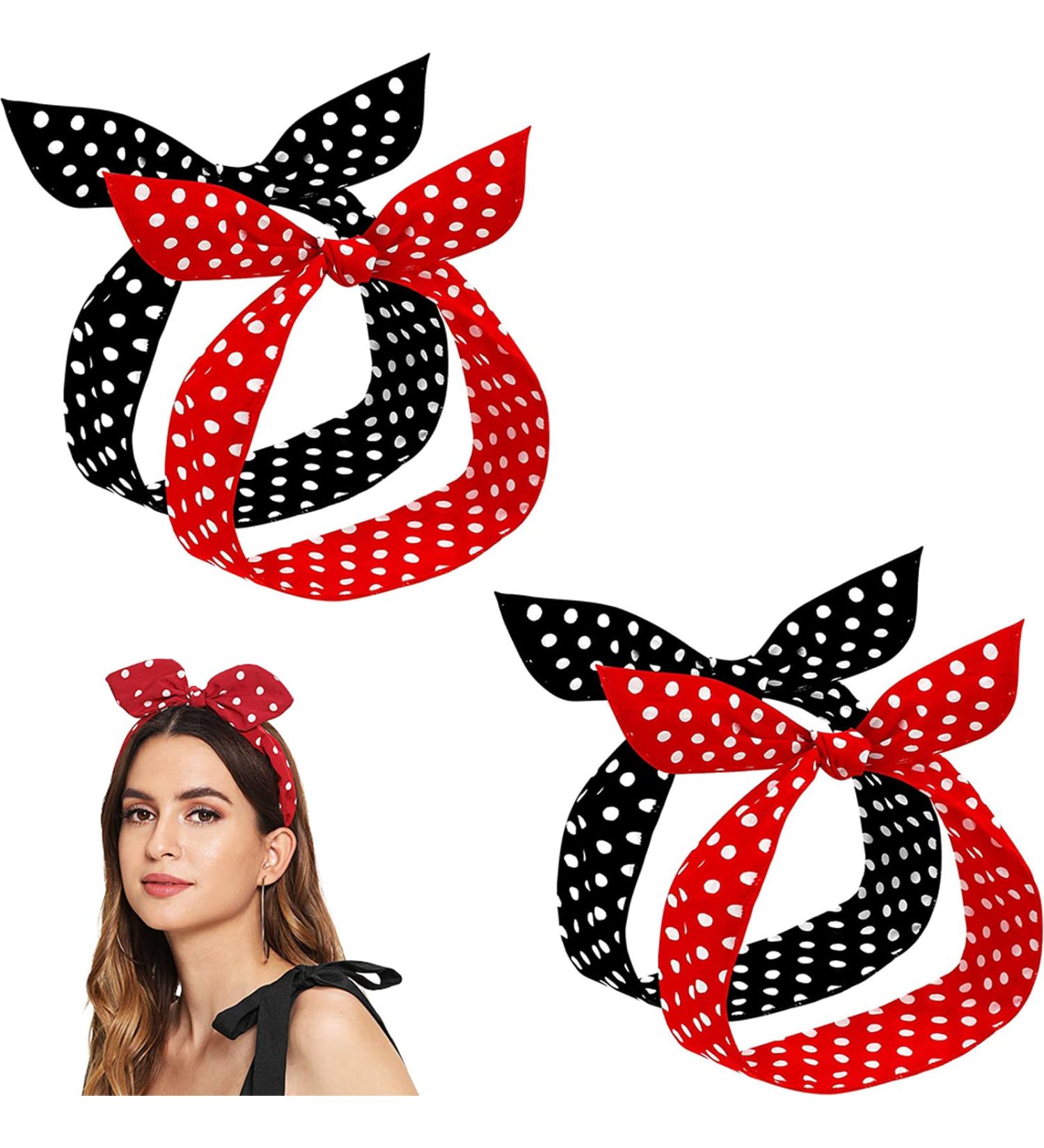 Polka Dot Headband Bow Tie Knotted Hair Bands Headband Retro Wire Headband Vintage Print 40s 50s Head Scarf Bandana for Women Girls Bowknot Headband Black Red Polka Dot Ladies' Gift - Buy Online on GoSupps.com