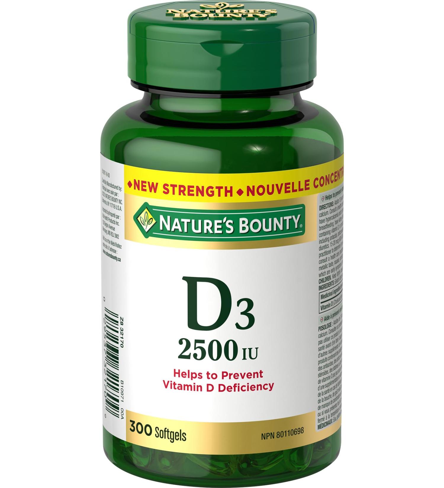 Nature's Bounty Vitamin D3 2500 IU 300 Softgels Helps to prevent Vitamin D deficiency Value Size - Buy Online on GoSupps.com
