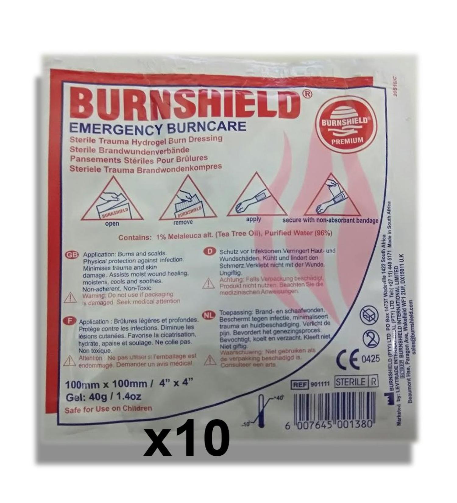 Burnshield Premium Sterile Emergency Burn Dressing 4"x4" (10cm x 10cm)"Cools The Burn" Pack of 10
