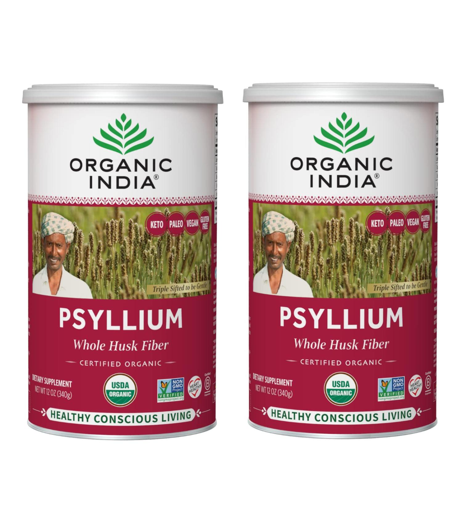 Organic India Psyllium Herbal Powder - Whole Husk Fiber 12 Oz Canister (Pack of 2) | Keto Friendly, Vegan, Gluten-Free, USDA Certified Organic - Buy Online on GoSupps.com