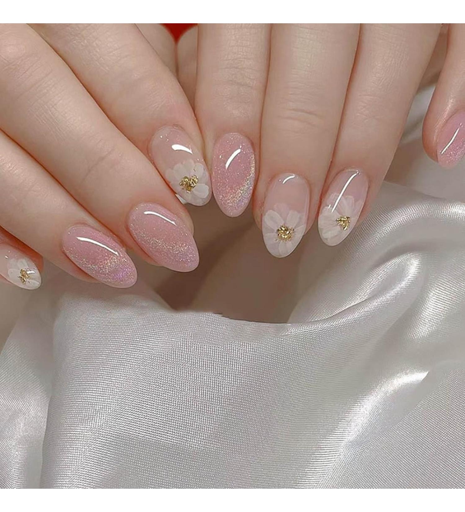 SINLOV Flower Oval False Nails Glossy Press on Nails French White Fake Nails Ballerina Acrylic Full Cover Fake Nails for Women and Girls - Buy Online on GoSupps.com