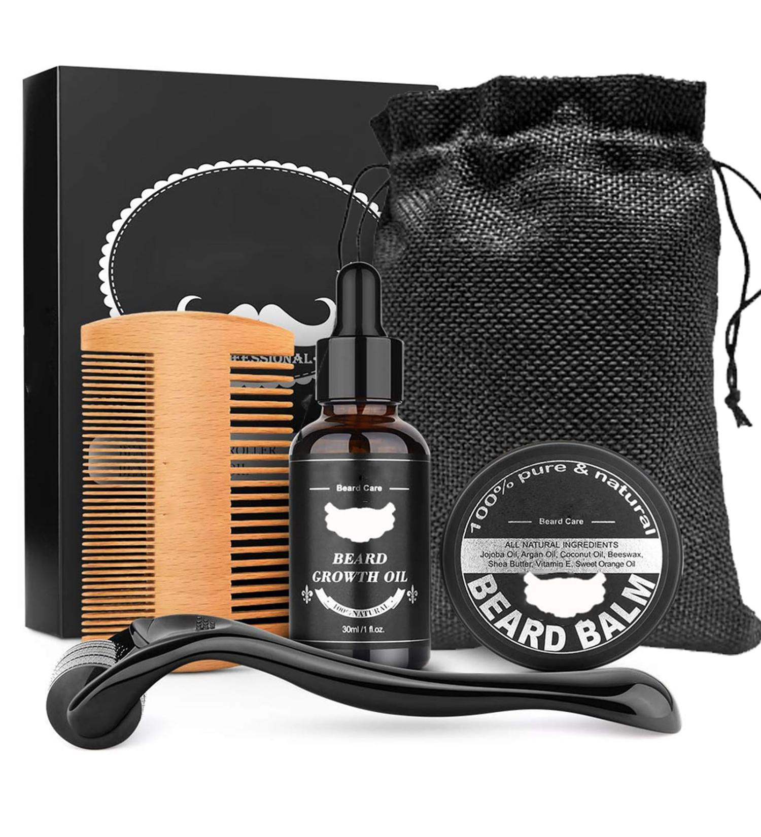 Beard Growth Kit 4 in 1 Men's Grooming Set with Roller, Serum, Balm | Birthday Gifts for Dad, Boyfriend - Buy Online on GoSupps.com