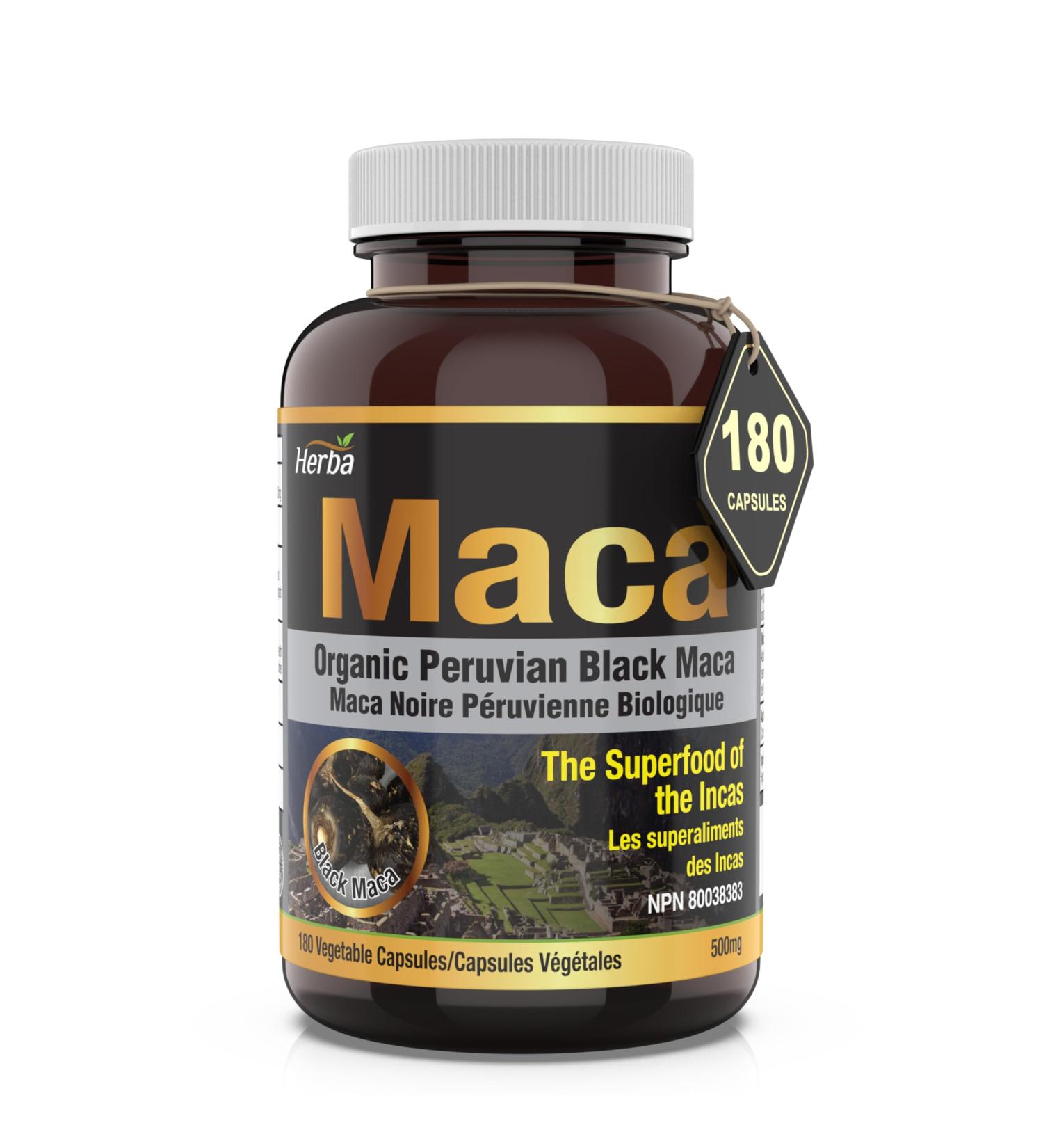 Herba Organic Black Maca Capsules - 500mg 180 Capsules | Peruvian Black Maca for Men and Women | Provides Antioxidants | Black Maca Root Capsules - Buy Online on GoSupps.com